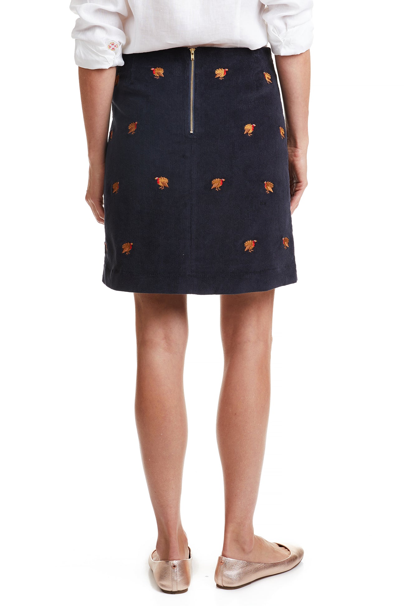 Women's Corduroy Skirt - Nantucket Navy with Turkey Print | Casual A-Line Midi Skirt for Fall & Winter | Perfect for Office, Date Night & Holiday Outfits