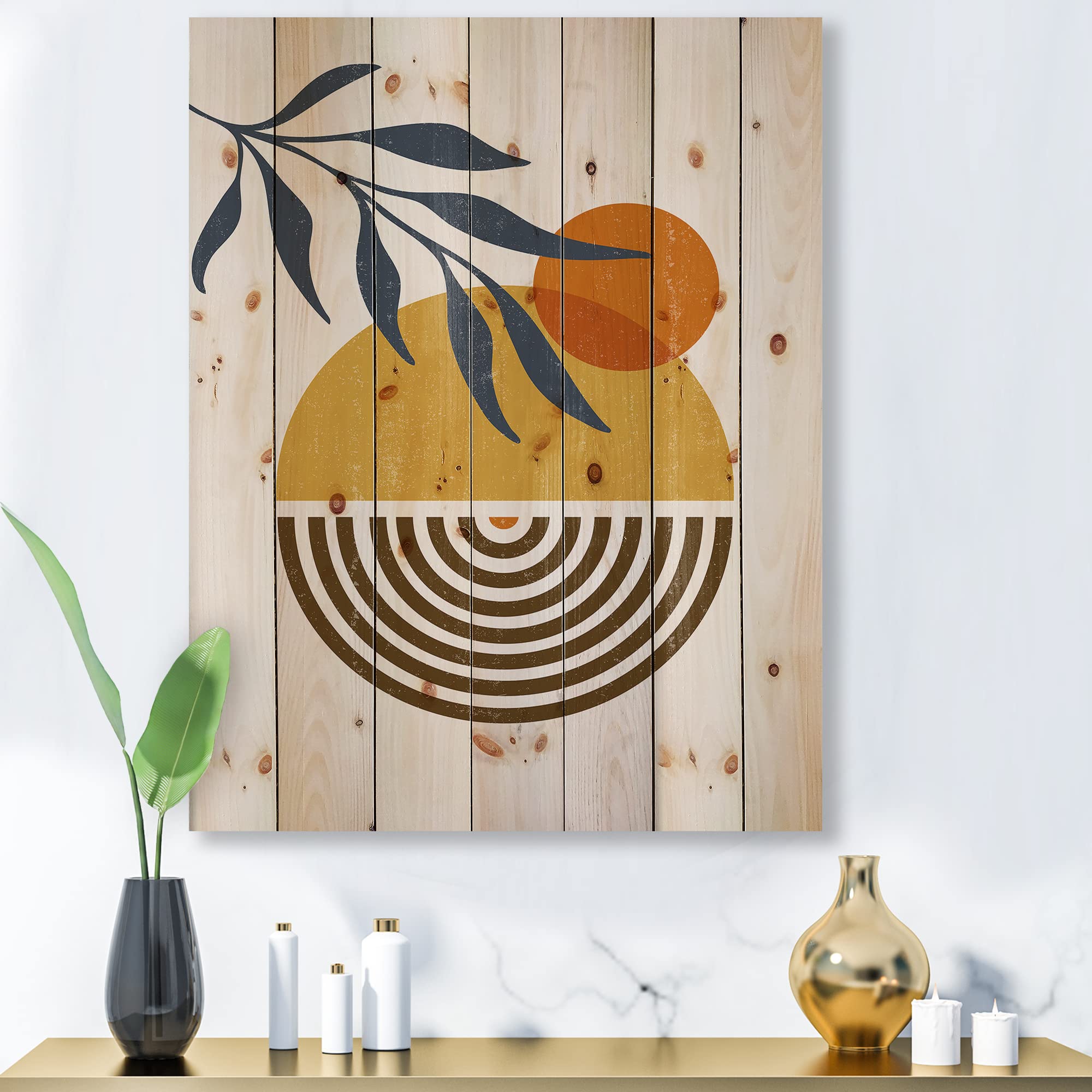 Modern Abstract Leaf Wood Wall Art - Botanical Minimalist Floral Decor Printed on Natural Pine Wood - Large Yellow Wood Wall Panels for Living Room, Bedroom & Office Decor