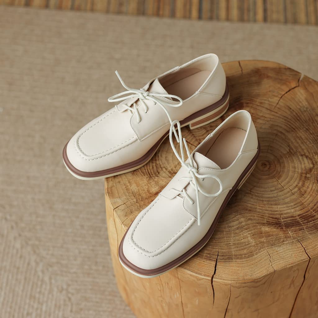 Women's Classic Lace-Up Loafers - Square Toe Leather Oxford Shoes for Work & Office | Comfortable Low Heel Dress Flats | Perfect for Business Casual, Commuting & Professional Outfits