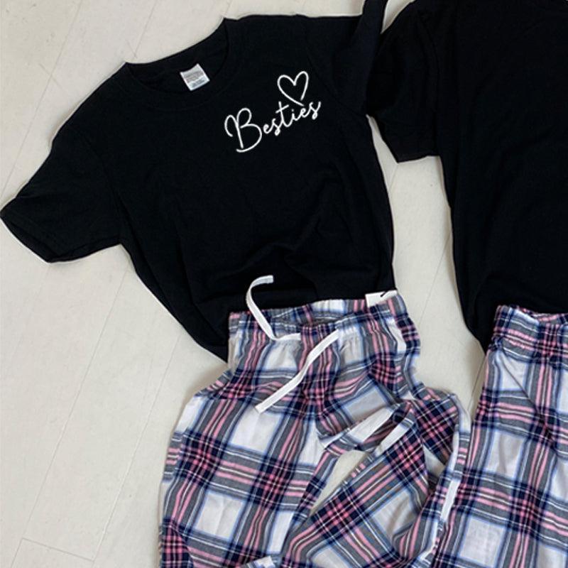 Besties Matching White and Pink Pyjama Bottom Sets with Mini Logo Garland - Cozy Sleepwear for Girls, Sleepovers & Matching Sister Outfits (MRK X)