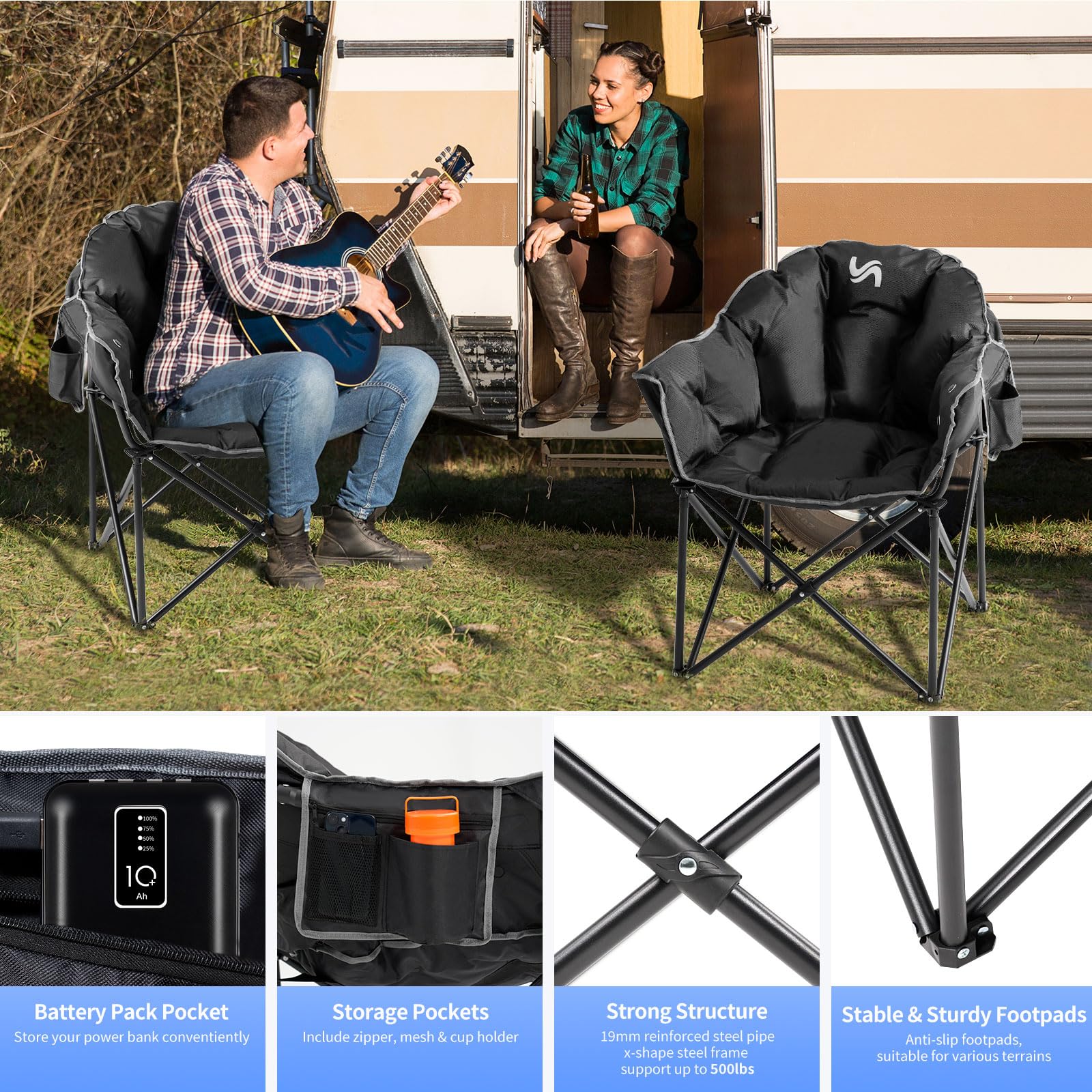 Oversized Heated Camping Chair with Padded Seat - Round Moon Saucer Folding Lawn Chair for Outdoor, Patio & Lounge - Portable Electric Heated Chair for Camping, Backyard & Tailgating - Perfect for Cold Weather Adventures & Relaxation