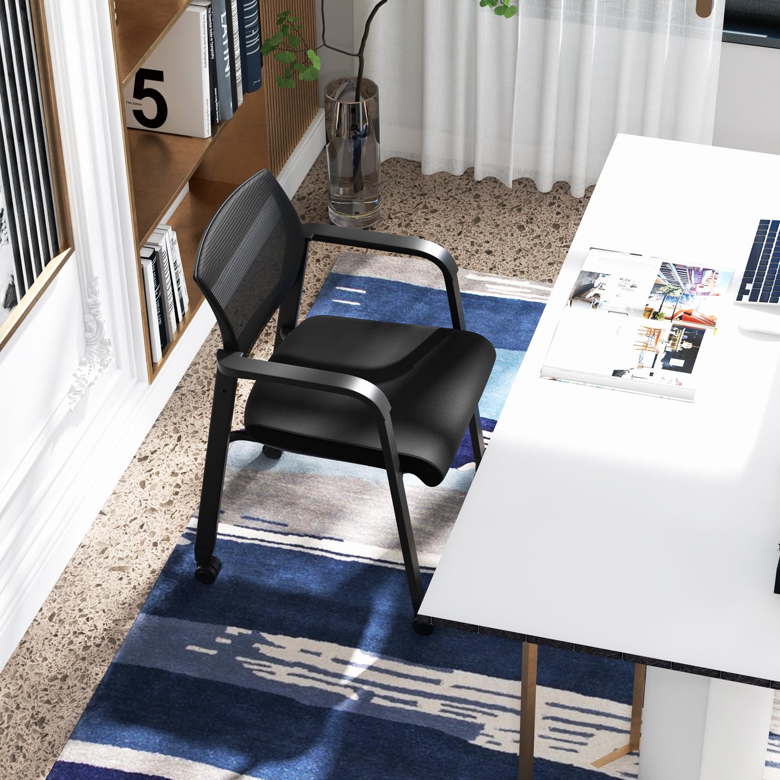 Tangkula 2-Pack Rolling Conference Room Chairs - Stackable Office Guest Chairs with Breathable Mesh Back, Adjustable Armrests & Smooth PU Wheels - Perfect for Business Meetings, School Classrooms, Hotel Lobbies & Waiting Areas - Black