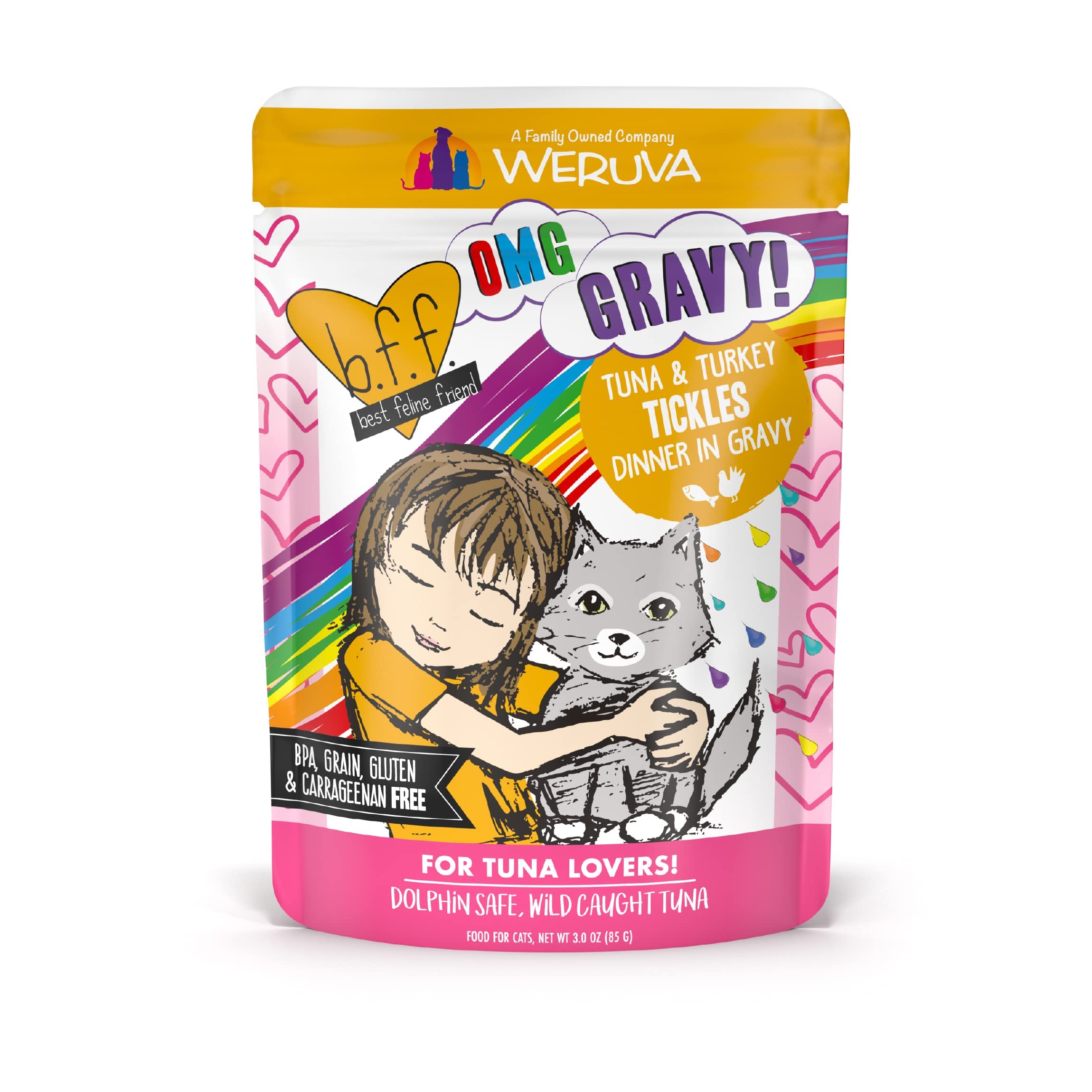 Weruva B.F.F. OMG Best Feline Friend Oh My Gravy! Cat Food - Tuna & Turkey in Gravy, 3oz Pouch (Pack of 12) - High Protein Wet Cat Food for Adult & Senior Cats - Perfect for Mealtime, Treats or Mixing with Dry Food