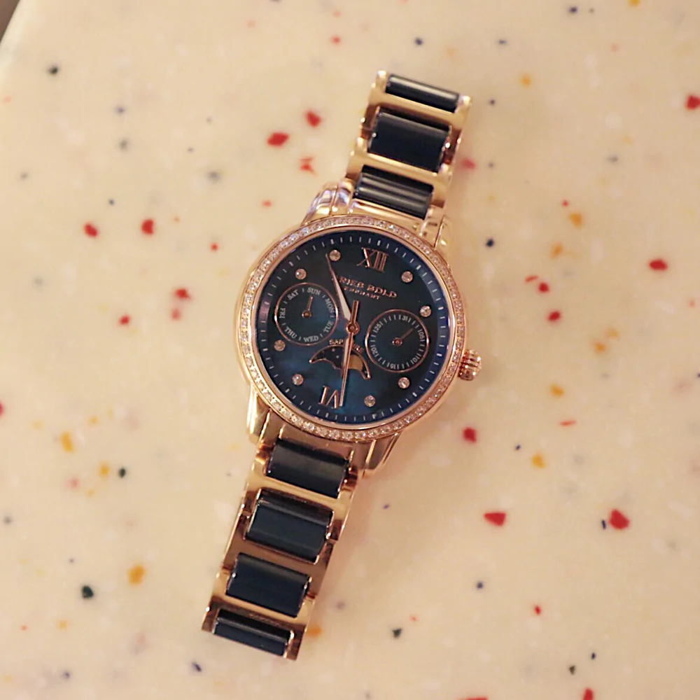 ARIES GOLD ENCHANT LUNA Rose Gold Stainless Steel Women's Watch with Blue Ceramic Bezel - Elegant Dress Watch for Women, Perfect for Office, Party & Special Occasions