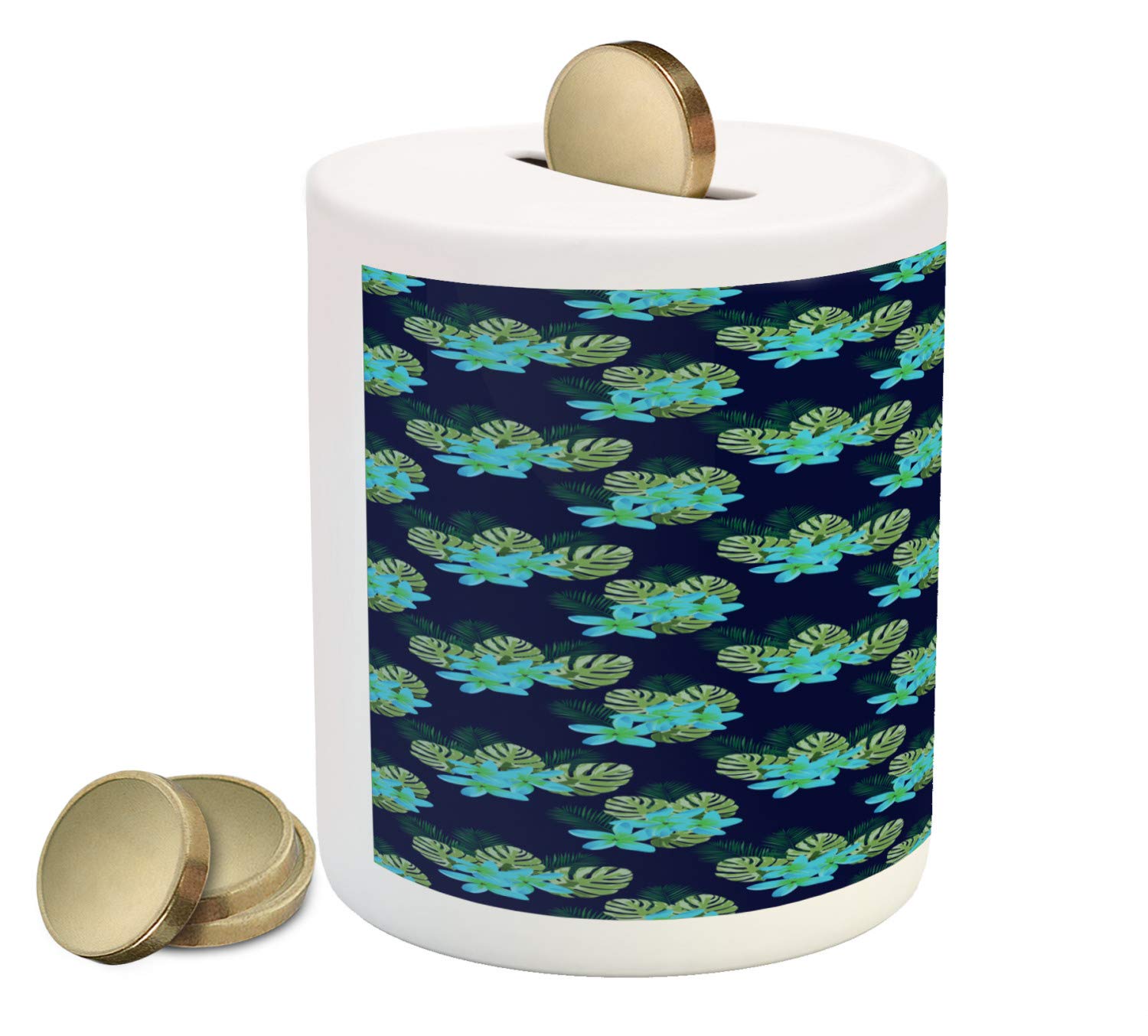 Ambesonne Tropical Ceramic Piggy Bank - Exotic Hawaiian Leaves & Flowers Botanical Design, 3.6