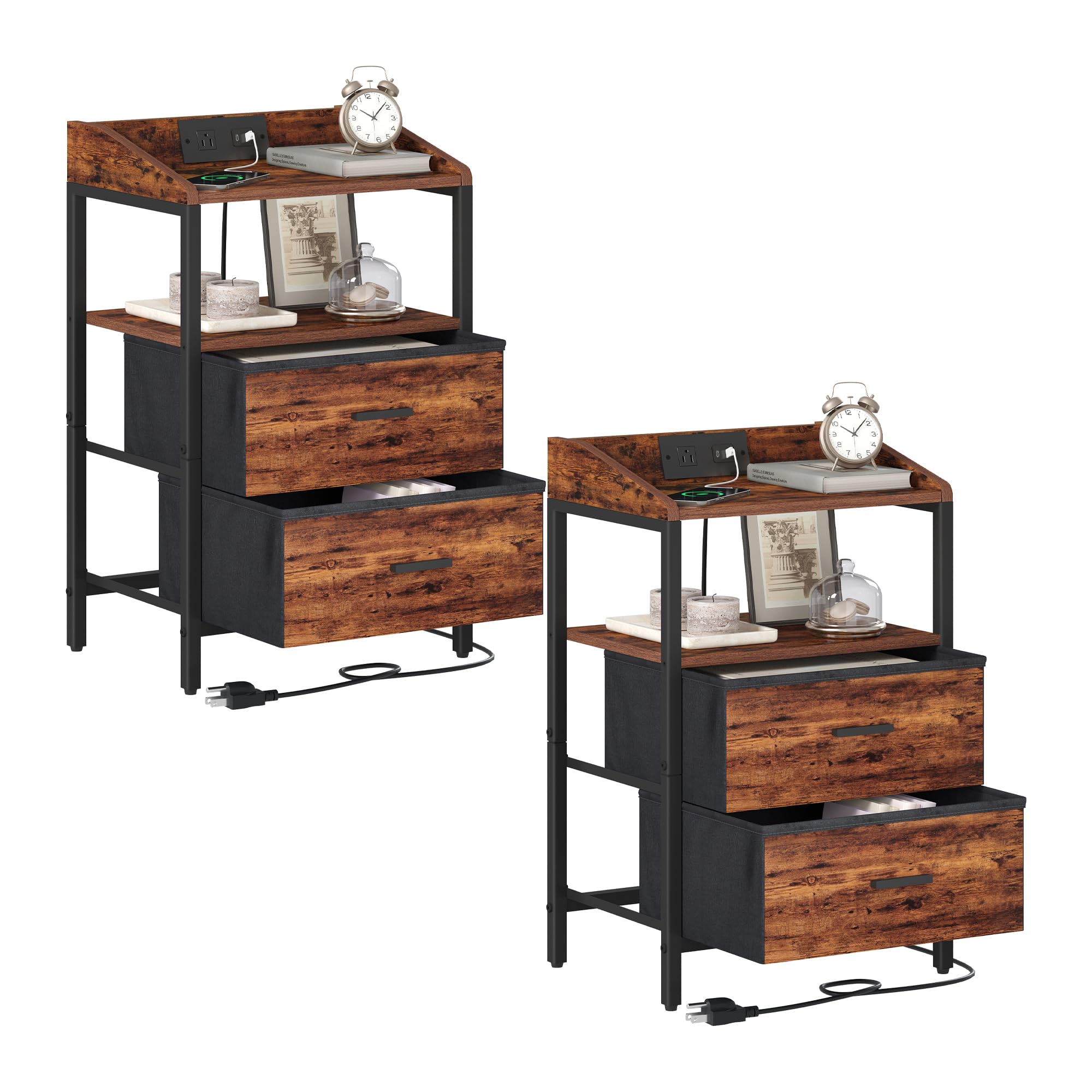 Modern Nightstand with USB Ports & Power Outlets - Rustic Brown End Table with Storage for Bedroom