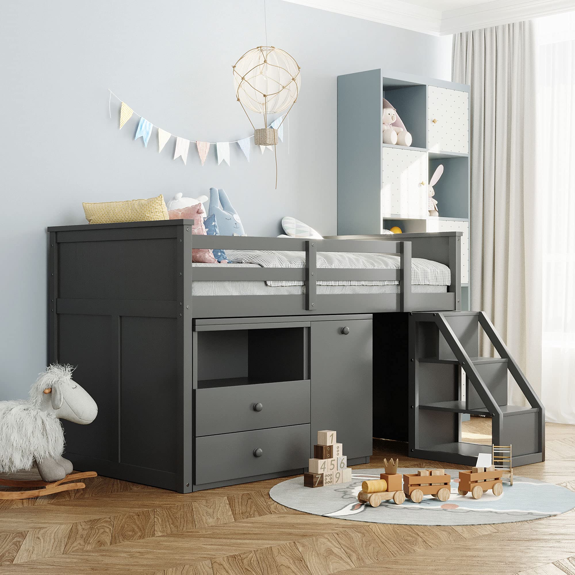 **Kids Twin Size Wooden Loft Bed with Storage Steps & Portable Desk - Low Study Loft Bed Frame for Children & Teens, Perfect for Small Bedrooms & Dorm Rooms (Gray)**    *(Use Case: Ideal for space-saving kids' bedrooms, teen dorm rooms, or small apartments, providing a comfortable sleeping area with built-in storage and a study desk.)*