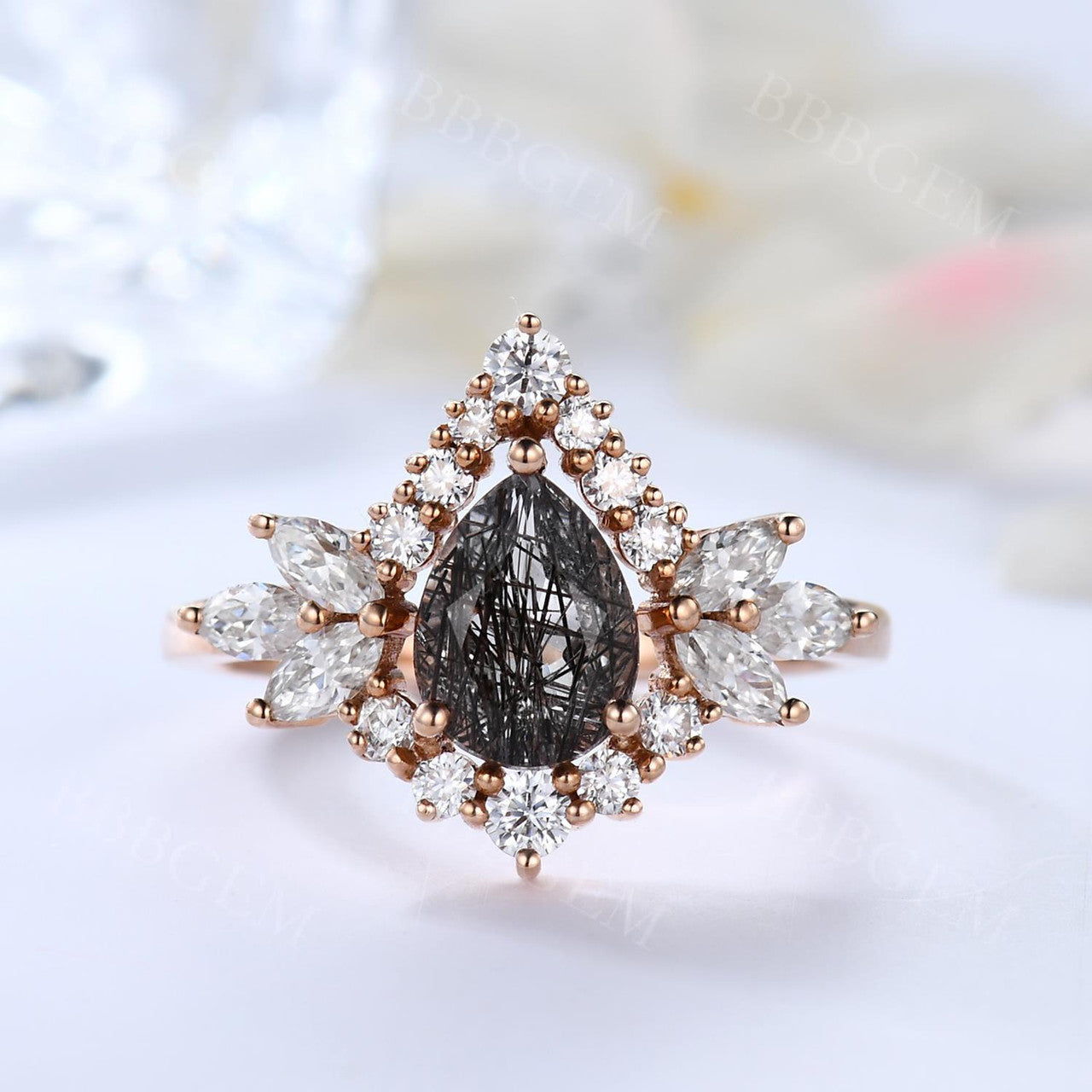 Oval Cut Black Rutilated Quartz Engagement Ring with Marquise Moissanite Halo - Elegant Wedding Band for Proposals, Anniversaries & Special Occasions