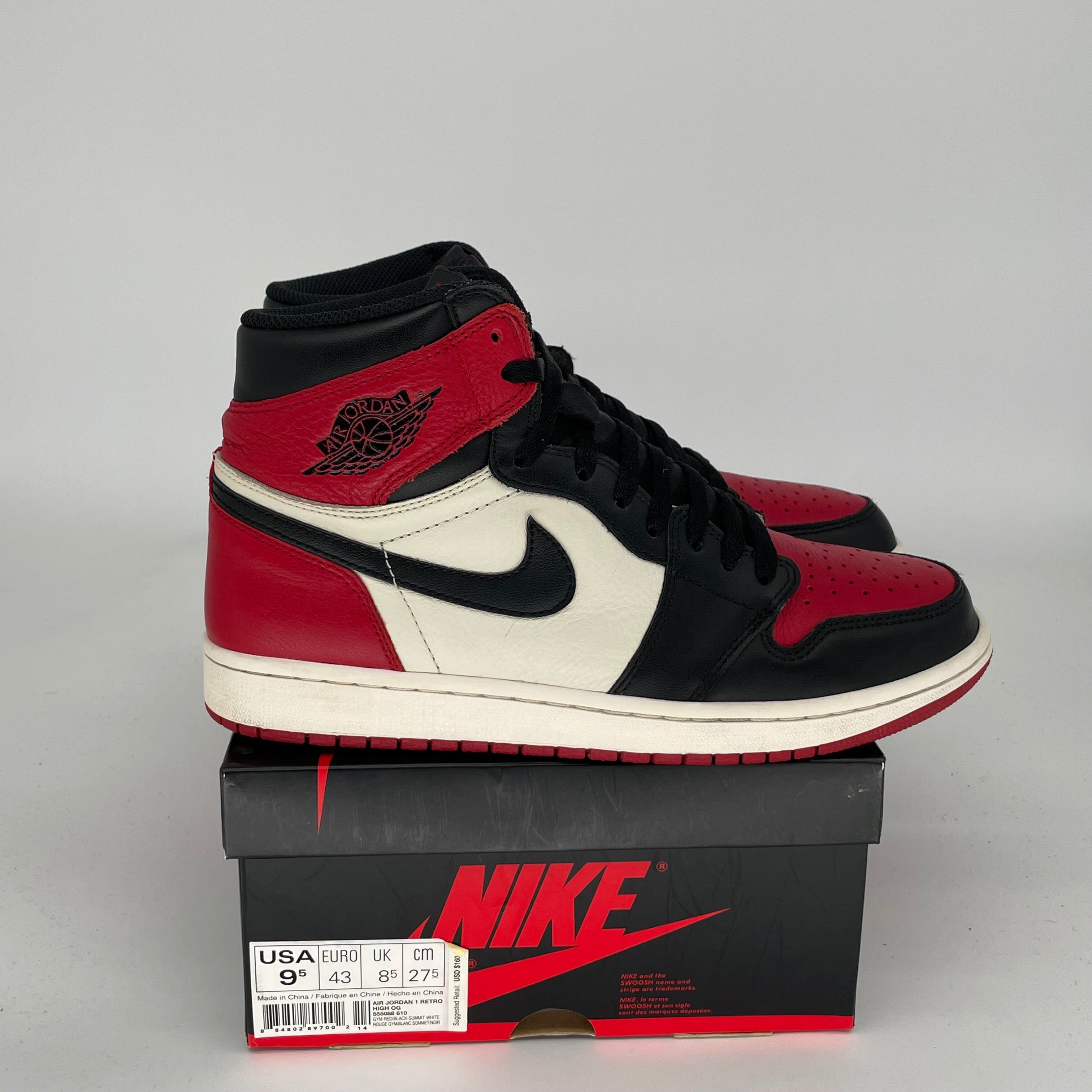 Air Jordan 1 Retro High OG 'Bred Toe' Men's Basketball Shoes Size 9.5 - Style Code 555088-610 | Authentic Sneakers for Streetwear, Basketball & Casual Wear