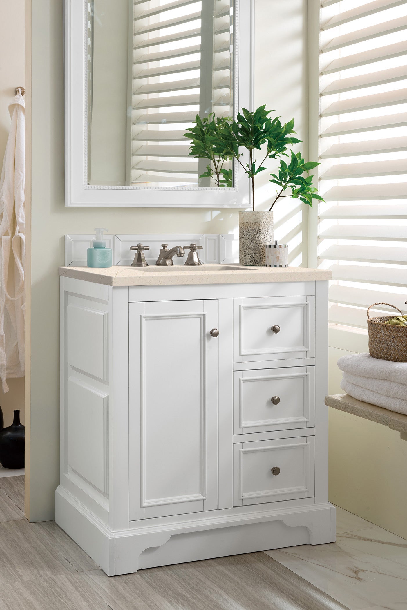 De Soto 30 Inch Single Bathroom Vanity with 3CM Eternal Marfil Quartz Countertop - Bright White Finish for Modern Bathroom & Powder Room Remodeling