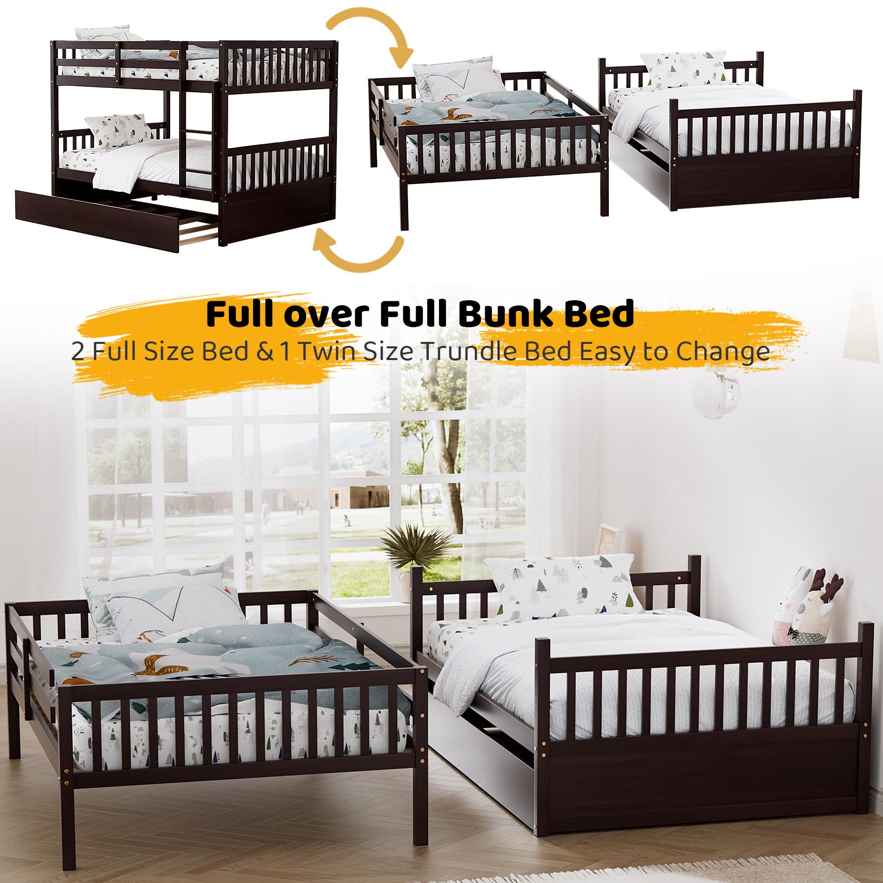 Rophefx Full Over Full Bunk Bed with Trundle - Convertible to 2 Full Size Bunk Beds, Solid Wood Construction with Safety Rails & Ladder - Space-Saving Bed for Adults, Teens & Kids - Perfect for Dorms, Guest Rooms & Small Apartments (Espresso Finish)
