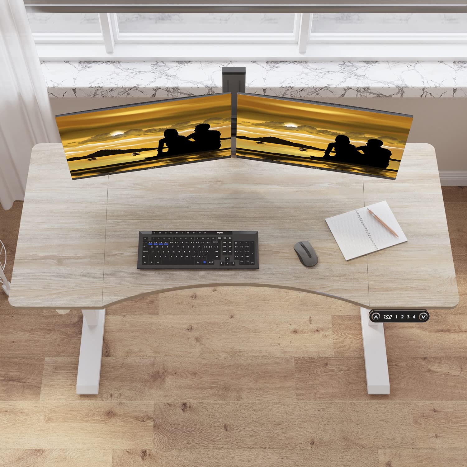 Adjustable Height Electric Standing Desk - 55 x 30 Inch Sit Stand Computer Desk with Splice Board, White Frame & Oak Top (Rounded Edge) - Ergonomic Home Office Desk for Work, Gaming & Study