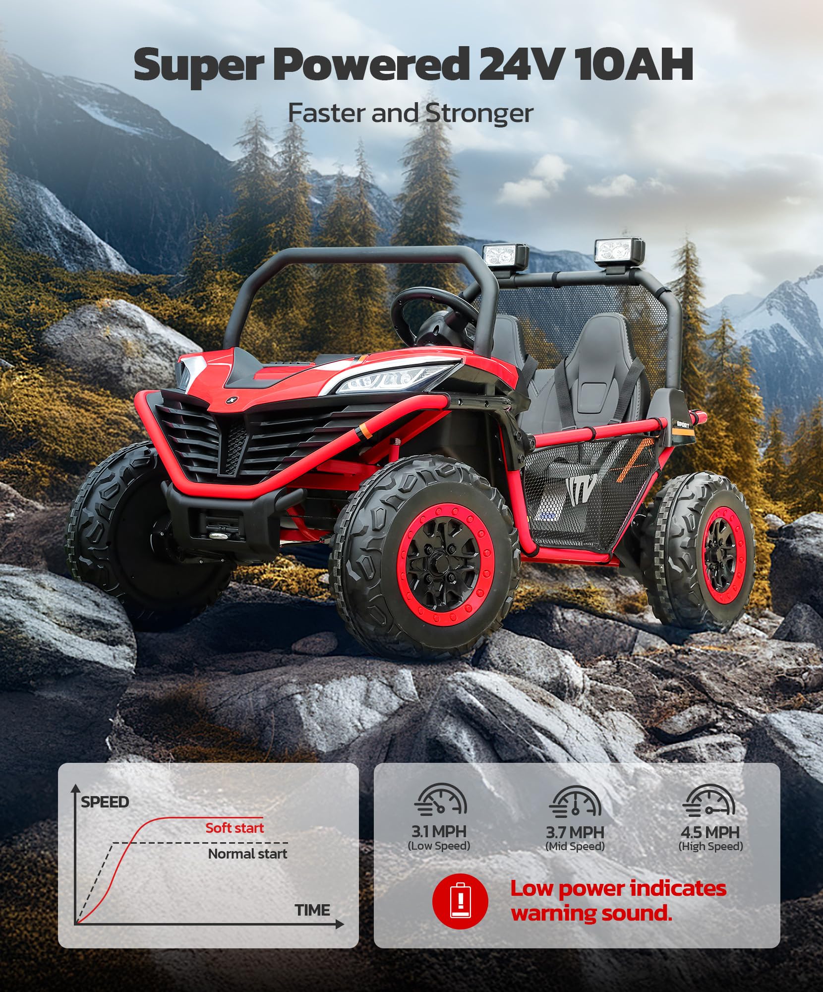 **ELEMARA 24V 2 Seater Kids Electric Ride-On Car - 10AH 4WD UTV Toy with Remote Control, Bluetooth, LED Lights, 3 Speeds & Music - Spring Suspension & Storage - Perfect for Ages 3-8 - Fire Red - Ideal for Outdoor Play, Birthday Gifts & Family Fun**