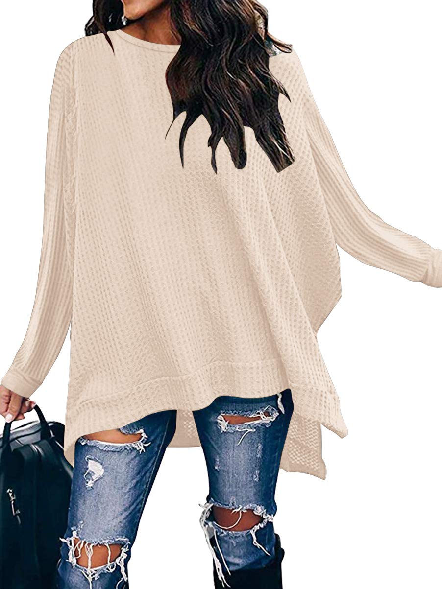 ANRABESS Women's Oversized Sweater - Long Batwing Sleeve Waffle Knit Pullover Top with Split Hem | Casual Loose Crewneck Tunic | Perfect for Fall Layering, Coffee Dates & Cozy Weekends