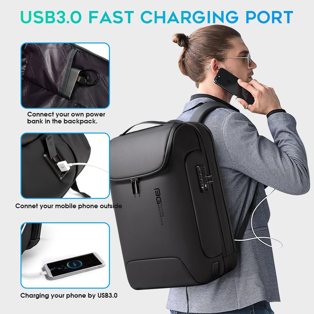 BANGE Anti-Theft Waterproof Laptop Backpack for Men - USB 3.0 Charging Port Business Travel Backpack Fits 17.3 Inch Notebook - Perfect for Commuting, College & Outdoor Adventures