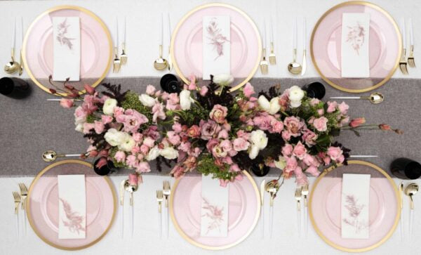 Pink and Gold Rim Chargers - 13 Inch Round Plastic Charger Plates (4 Pack) - Elegant Dinner Party Decor, Wedding Table Setting, Holiday Celebration Tableware