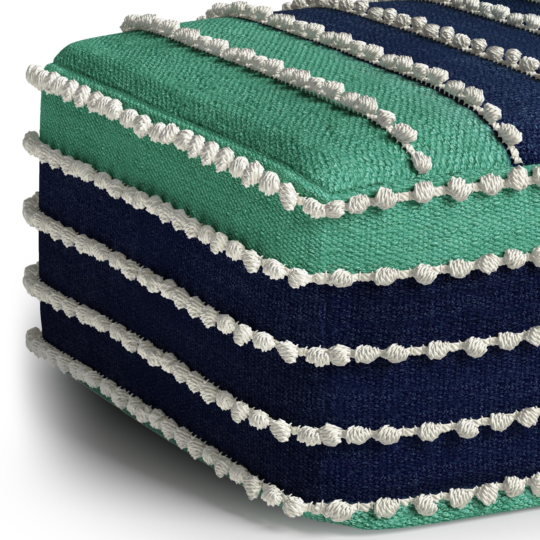 SIMPLIHOME Garbo Boho Square Woven Pouf - Indoor/Outdoor Ottoman in Aqua, Navy & White | Eco-Friendly Recycled PET Polyester | Perfect for Living Room, Bedroom & Kids Room Decor | Great for Seating, Footrest or Side Table