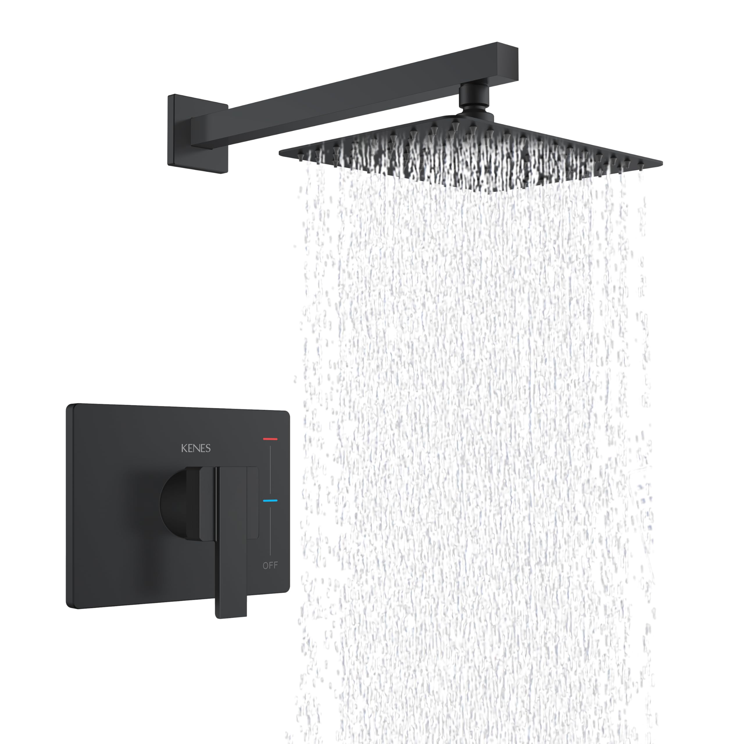 Kenes Matte Black Square Shower Faucet Set with Single-Spray Wall Mount Shower Head & Valve Included (Model KE-6024B-2) - Perfect for Modern Bathroom Renovations and Spa-Like Shower Experiences