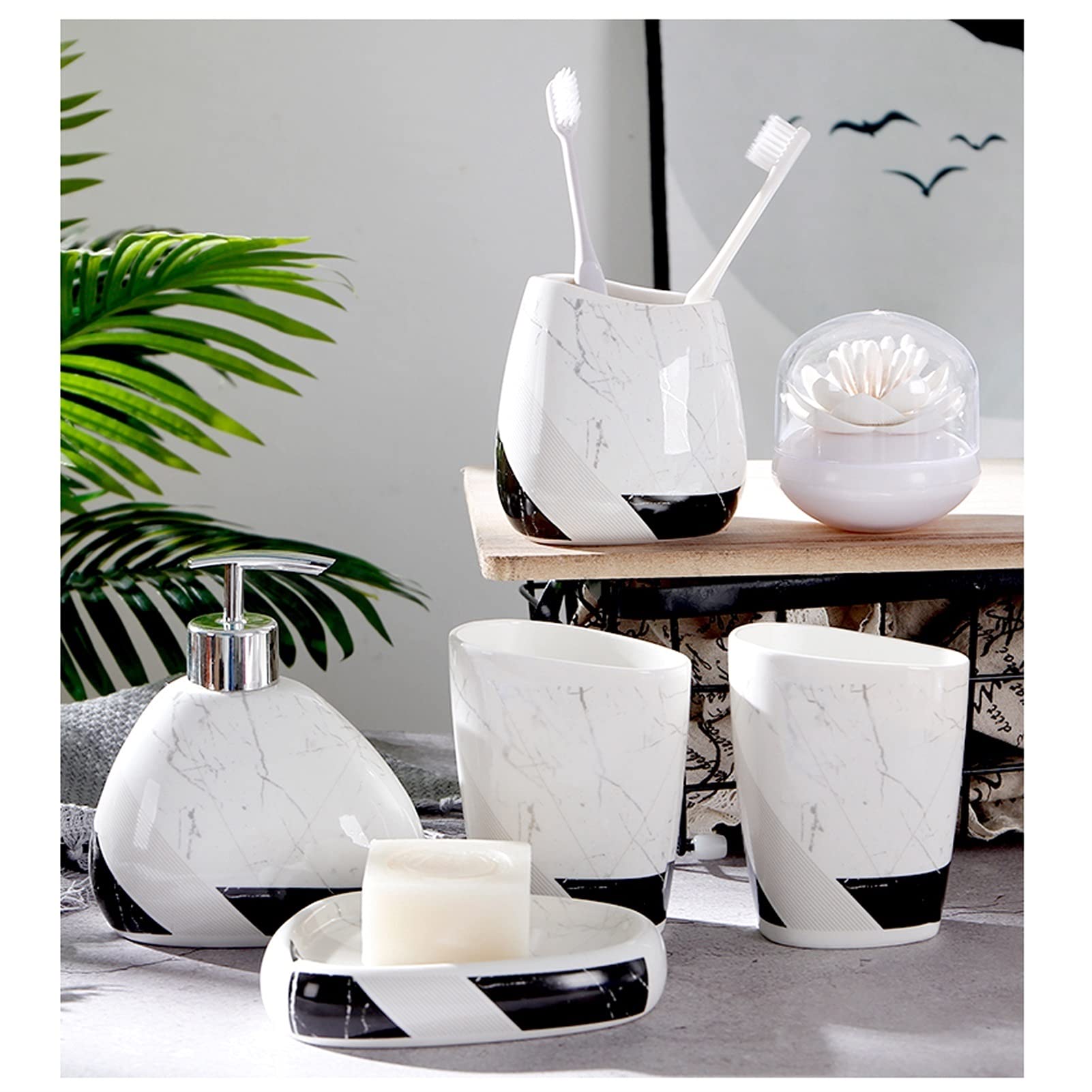 Refillable Ceramic Hand Soap Dispenser Set - Elegant Liquid Soap & Lotion Bottle for Bathroom, Kitchen & Hotel Use | Includes Soap Dish, Toothbrush Holder & Cotton Swab Organizer | Perfect for Home, Spa & Guest Bathroom Essentials