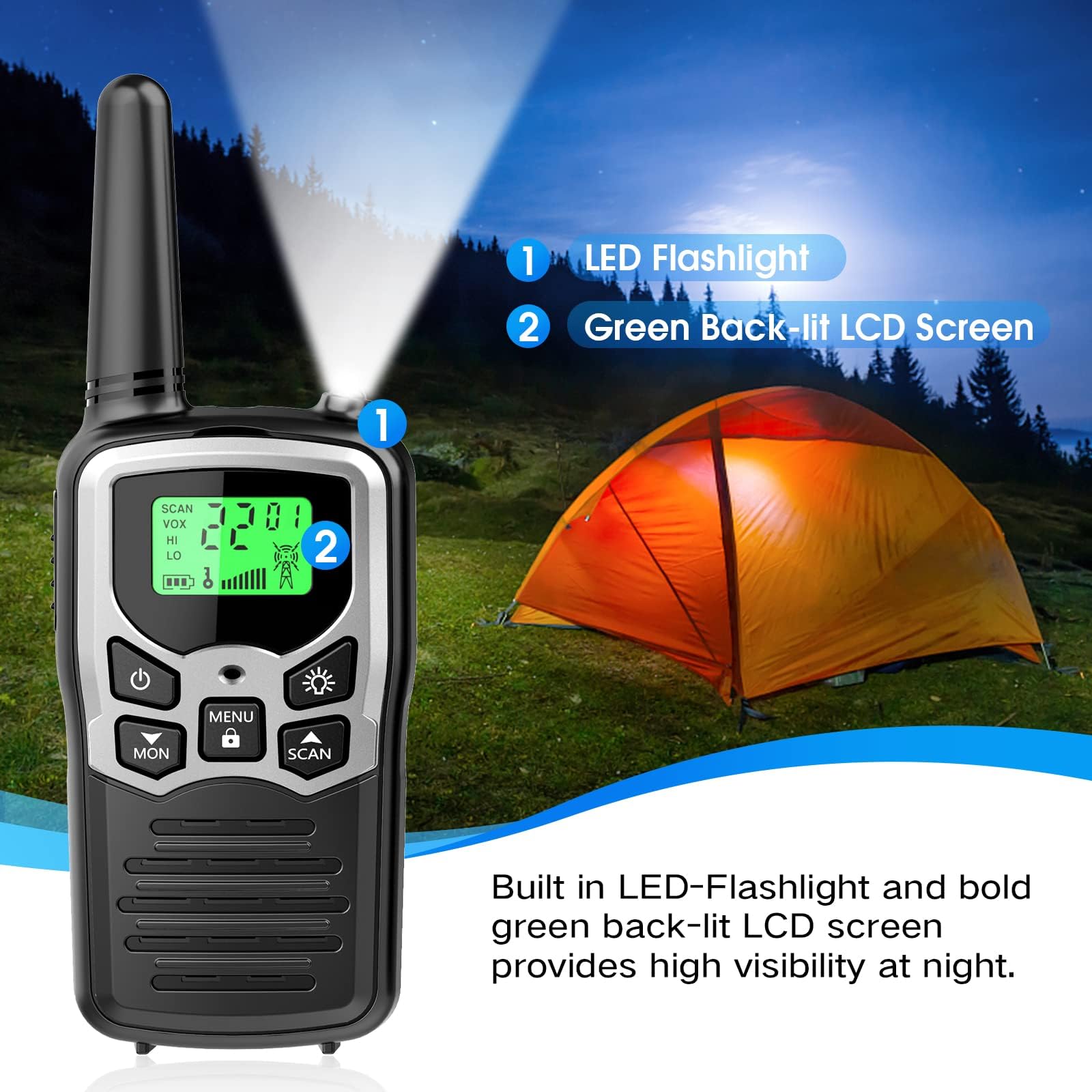MOICO Long Range Walkie Talkies for Adults - 2 Pack Two-Way Radios with 22 FRS Channels, VOX Scan & LCD Display, LED Flashlight - Perfect for Outdoor Adventures, Hiking, Camping, Biking and Emergency Survival (Silver A)