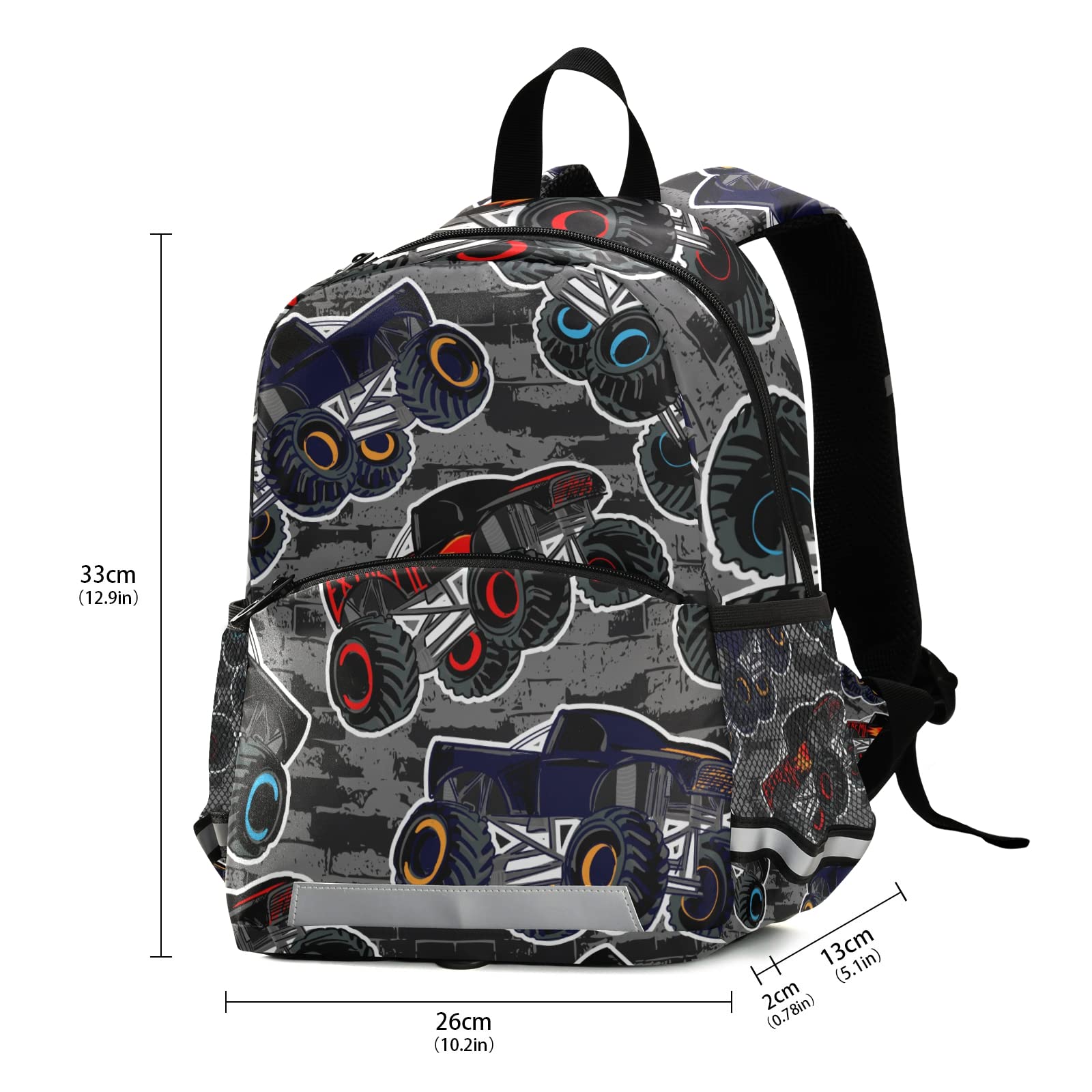 Monster High & Truck Cars Toddler Boys Backpack with Safety Leash & Chest Clip - Durable Preschool Daycare Bag for Travel, School & Outdoor Adventures
