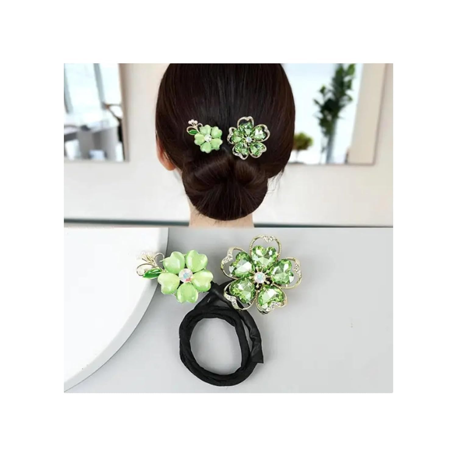 1 Piece Green Rhinestone Lazy Hair Curler Bun Maker - Perfect Hair Bun Tool for Women, Floral Hair Style Accessories, Twist Bun Clips for Party & Wedding (Green Floral) - Great for Special Occasions, Prom, Bridal & Everyday Hairstyling
