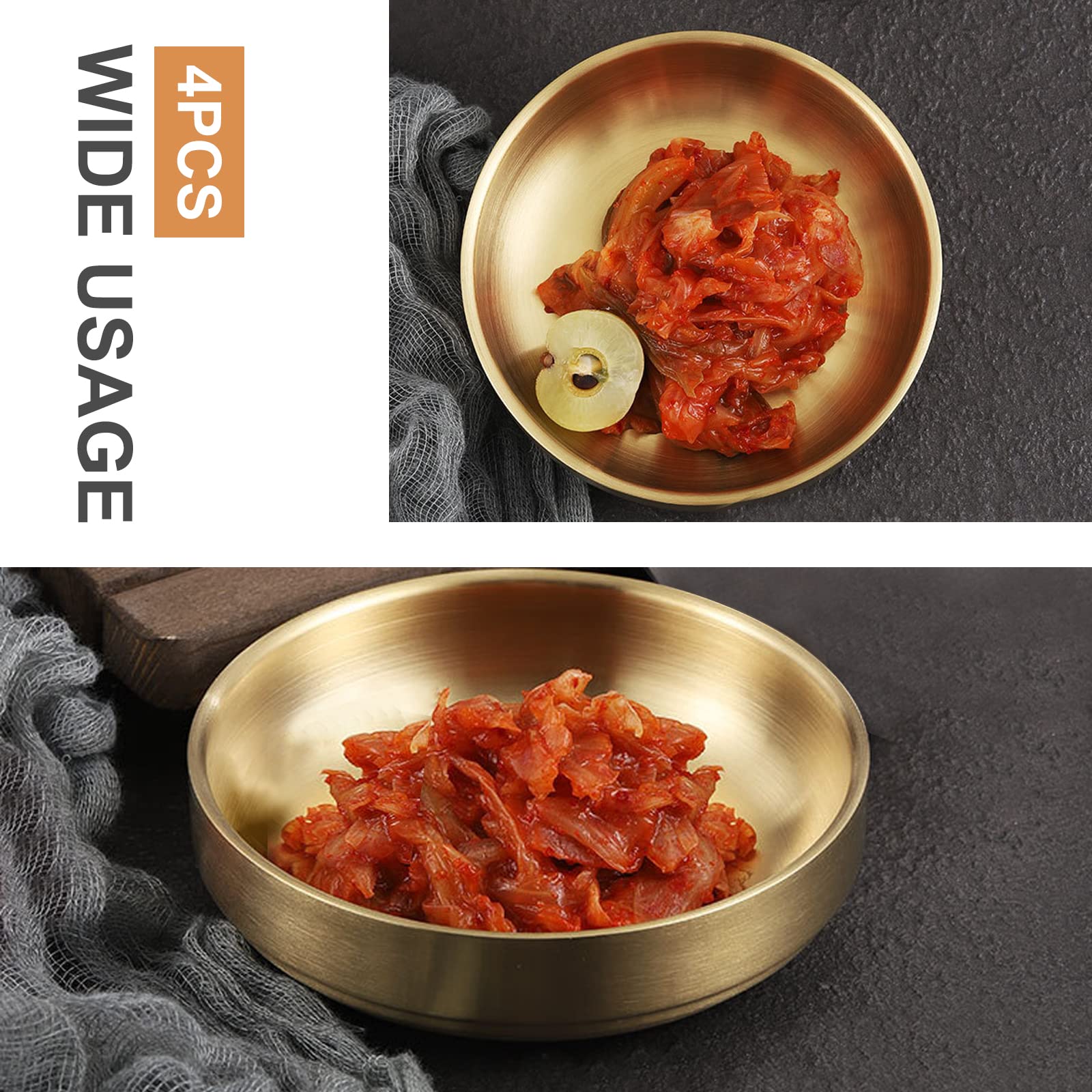 MDEOOSKY 4PCS Mini Stainless Steel Sauce Dishes 3.54in - 304 Stainless Steel Appetizer Plates, Double-Deck Plates for Oil, Vinegar, Juice, Salad, Ketchup - Gold Color - Perfect for Restaurants, Parties, Picnics & Home Dining