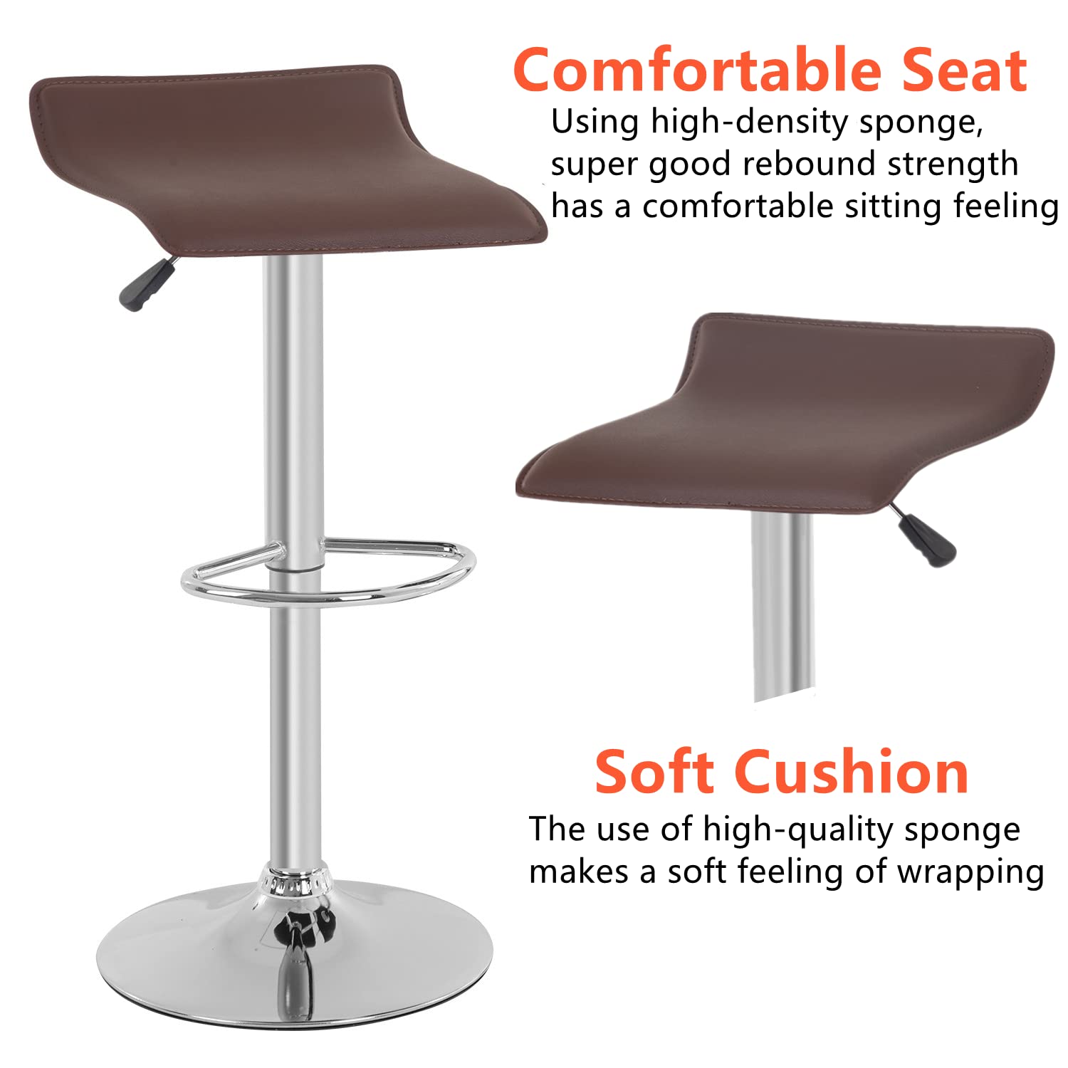 BSTOPHKL Adjustable Modern Bar Stools Set of 2 - Armless Hydraulic Kitchen Counter Stools - Swivel Bar Height Stools for Home, Kitchen, Bar & Restaurant (Brown) - Perfect for Breakfast Nooks, Kitchen Islands & Entertainment Areas