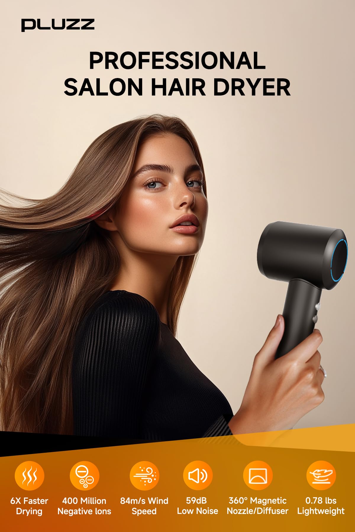 Professional Hair Dryer with Diffuser - 400M Negative Ionic Blow Dryer for Fast Drying & Frizz Control - 120,000 RPM High-Speed Brushless Motor - Lightweight & Quiet for Travel - Perfect for Curly, Wavy & Straight Hair - Salon Quality at Home for Women & Men - Great for Home Use, Travel & Styling