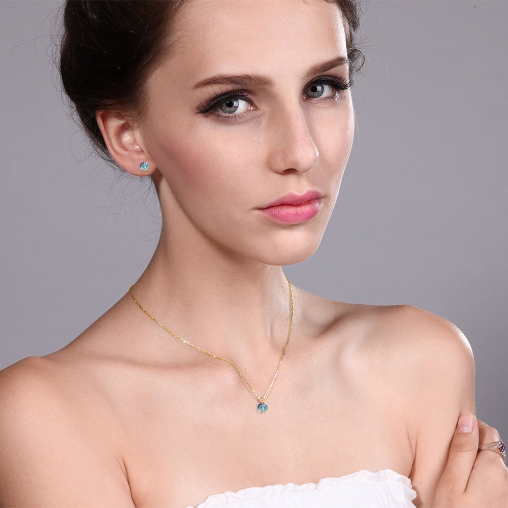14K Yellow Gold Birthstone Pendant & Earrings Set for Women | Round 6MM Gemstone | 18