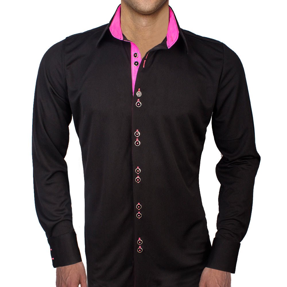 Black & Neon Pink Moisture-Wicking Dress Shirt for Men | Breathable Quick-Dry Business Casual Shirt | Made in USA | Perfect for Office Work, Summer Travel & Outdoor Events