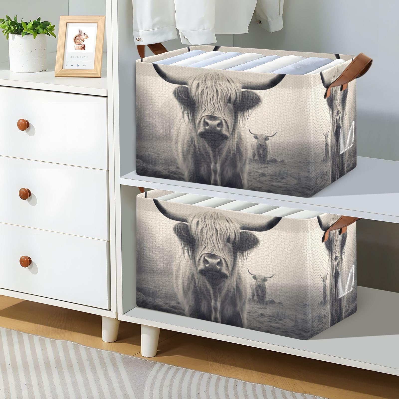 Highland Cattle Storage Bins 2 Pack - Collapsible Fabric Storage Baskets for Shelves, Closet & Office Organization - 32L Foldable Home Organizer with Handles - Perfect for Bedroom, Nursery & Laundry Room Storage