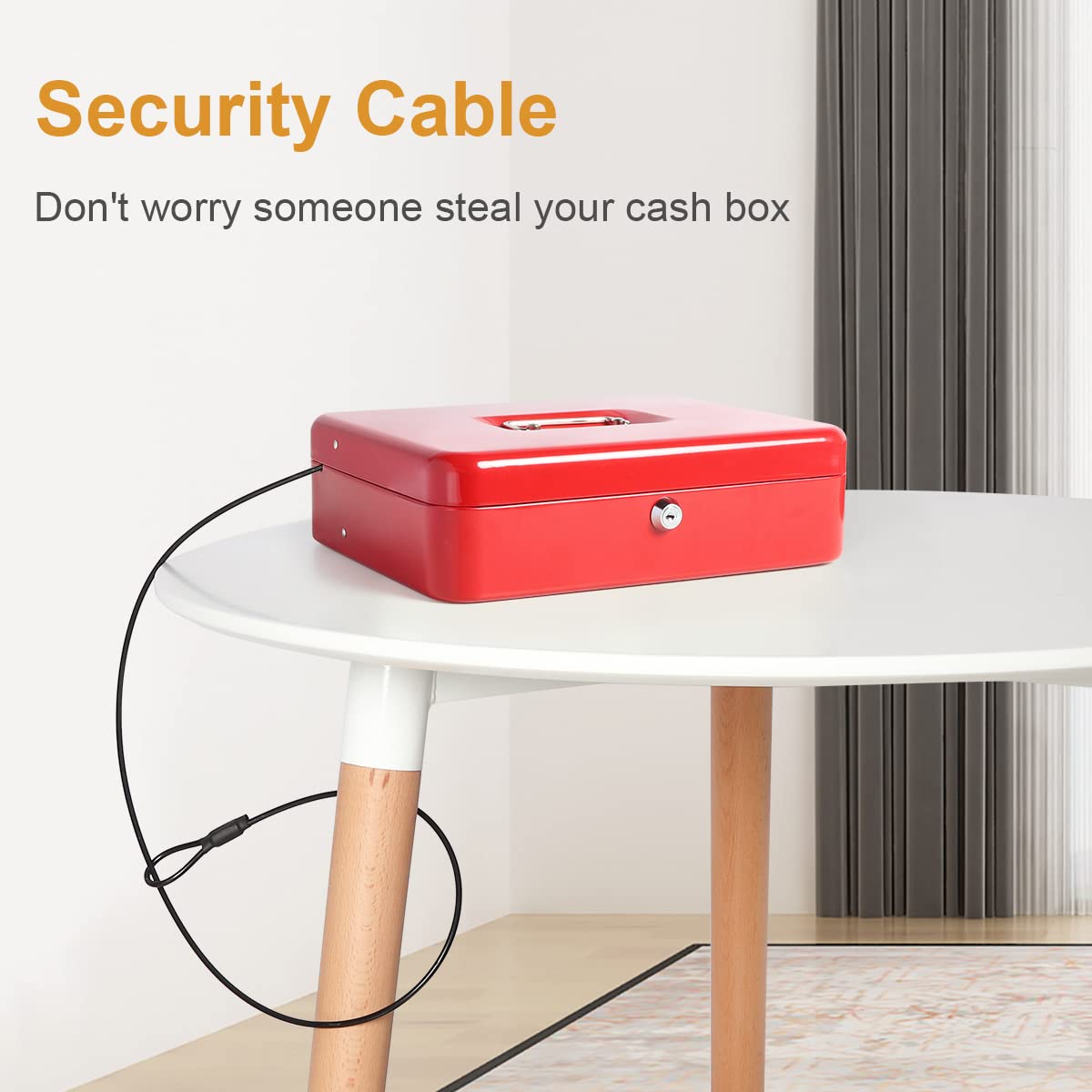 Jssmst Large Locking Cash Box with Money Tray & Security Cable - Heavy Duty Metal Money Box with Key Lock (Red) - Perfect for Home, Office, Retail Stores & Small Business Cash Management