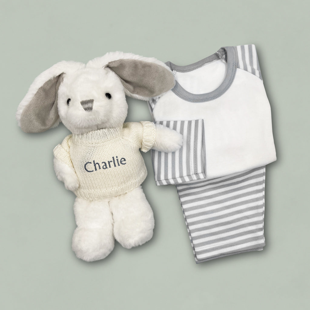 Personalized White Baby Bathrobe & Sleepy Time Hamper Set - Neutral Gender Bunny Theme for Newborns 0-12 Months | Perfect Baby Shower Gift & Nursery Essentials