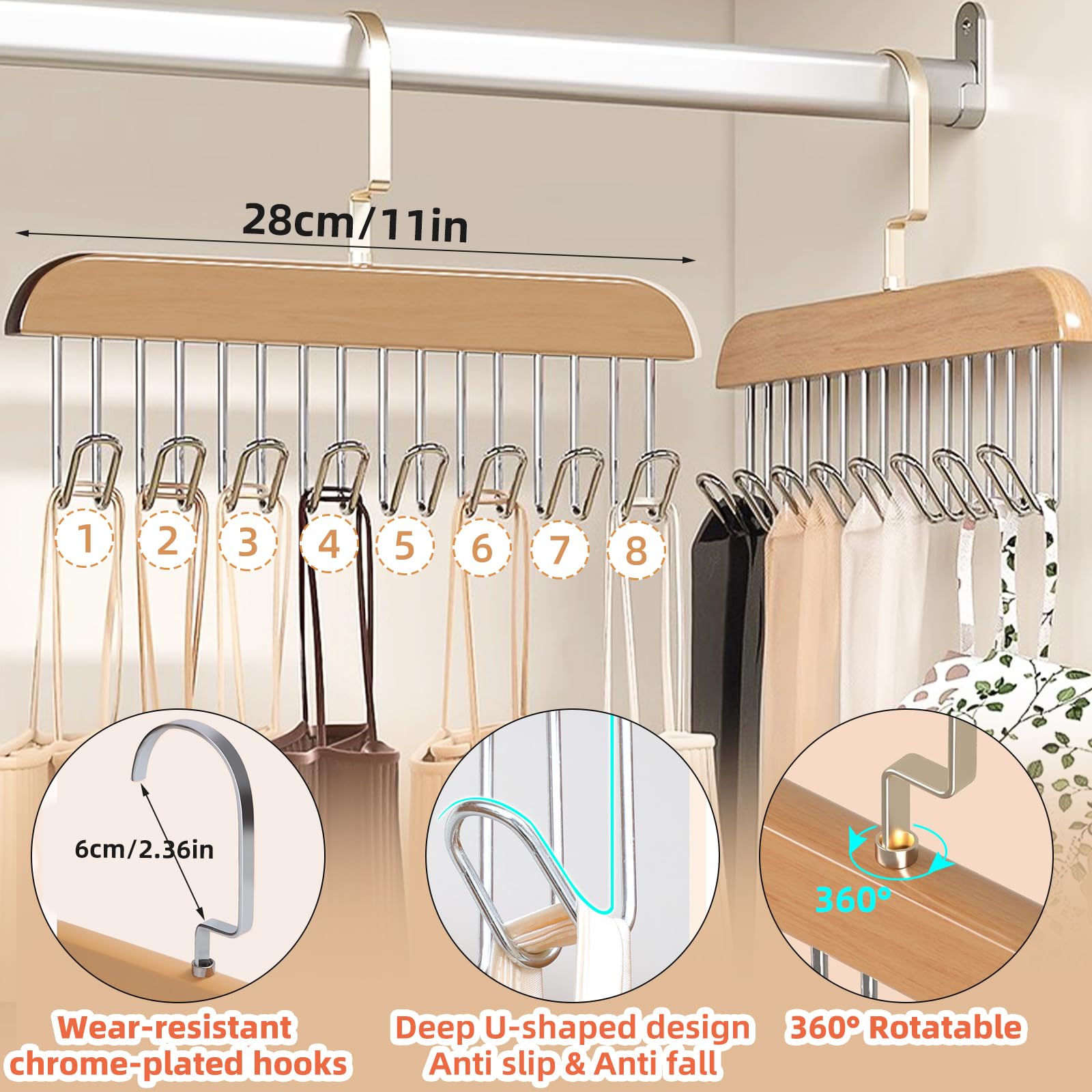 2-Pack Anti-Slip Multi Hook Coat Racks - 360° Swivel Belt Hanger with 8 Hooks for Closet Organizer - Perfect for Belts, Ties, Tank Tops, Bras & Scarves - Space-Saving Storage Solution for Bedroom, Closet or Dorm Organization