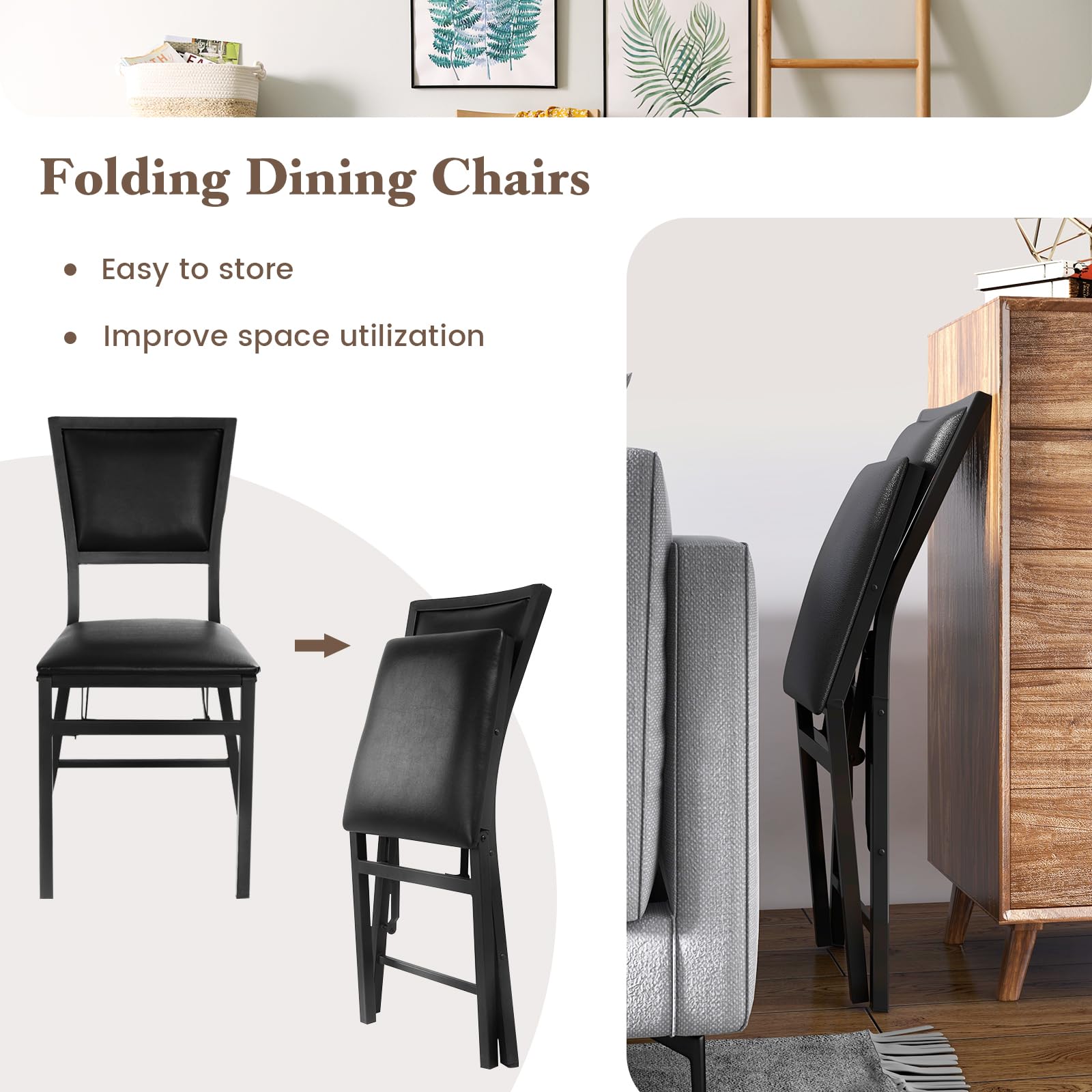 Giantex Set of 4 Folding Dining Chairs with Padded Seats - Sturdy Metal Frame, Space Saving Design & Floor Protectors - Foldable Chairs for Small Apartments, Parties, Extra Guests (Black) - Perfect for Home, Office, Events & Outdoor Gatherings