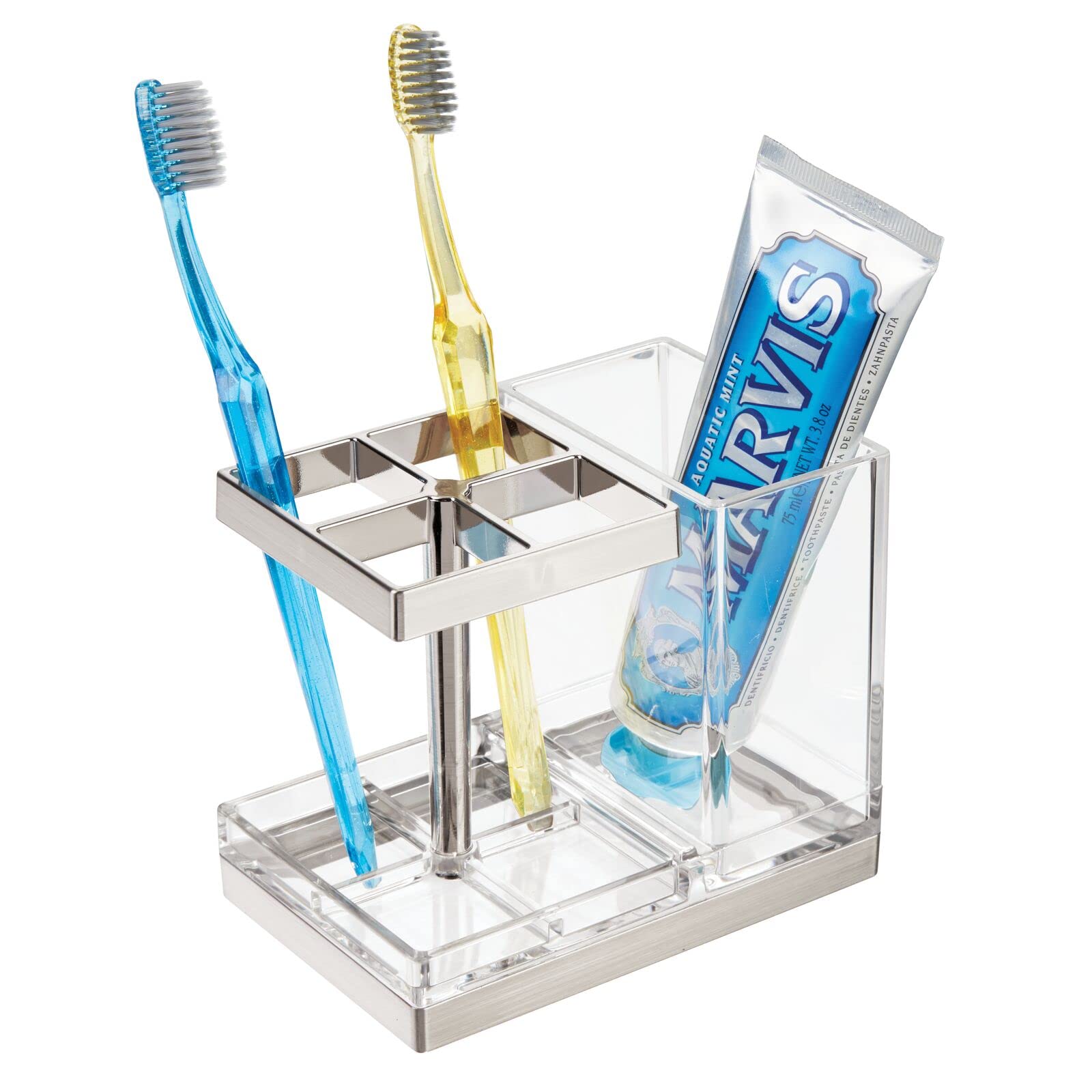 mDesign Plastic Toothbrush & Toothpaste Holder - Bathroom Countertop Organizer for Toothbrushes, Cosmetics & Beauty Accessories - Clear/Brushed Finish - Lumiere Collection - Perfect for Small Spaces, Vanity Organization & Travel Essentials Storage
