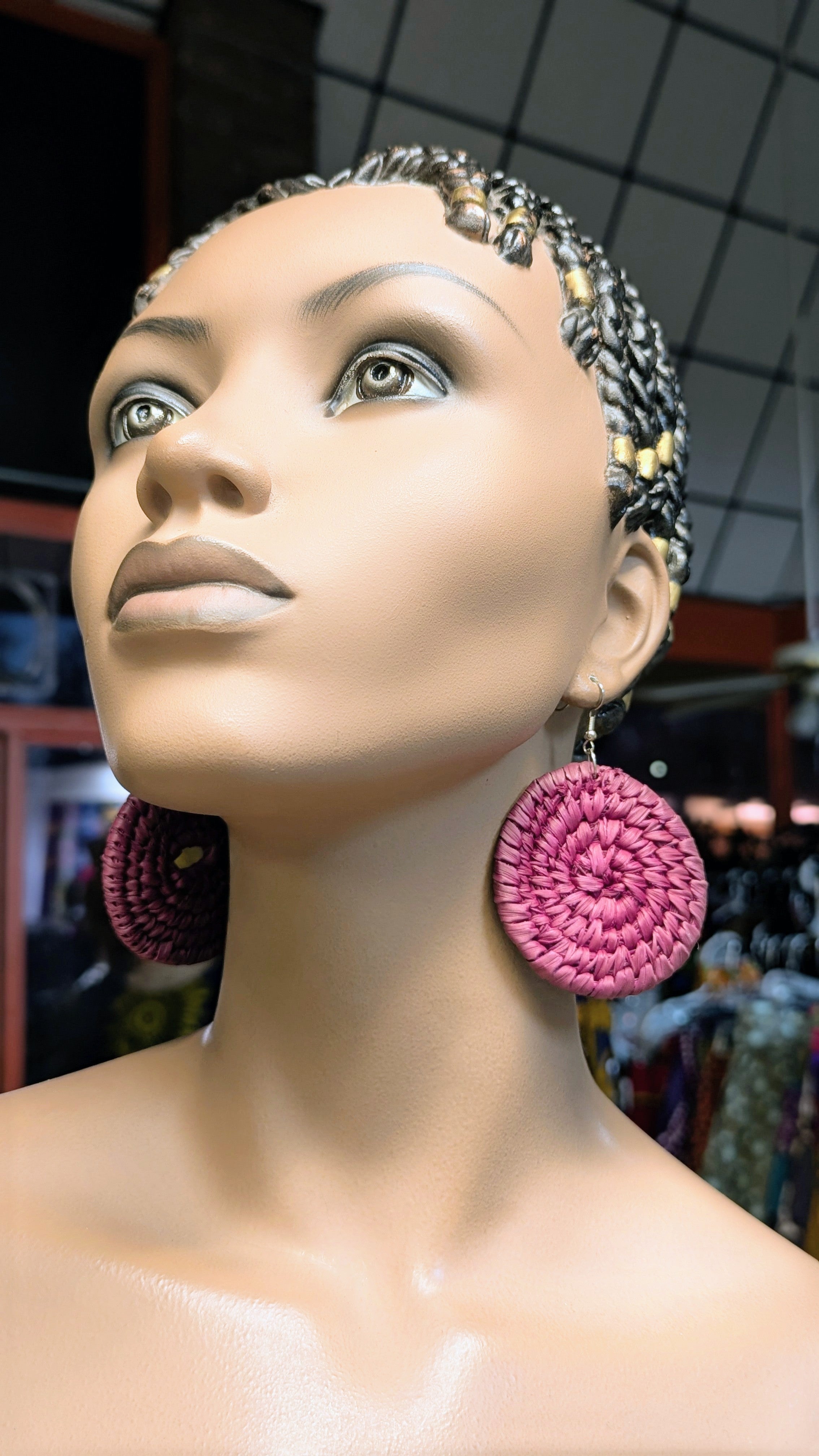 Dupsie's Masai Moyo Wine African Raffia Circular Hook Earrings DPJAERW5 - Handmade Beaded Ethnic Jewelry for Women, Boho Chic Accessories - Perfect for Weddings, Parties & Cultural Events