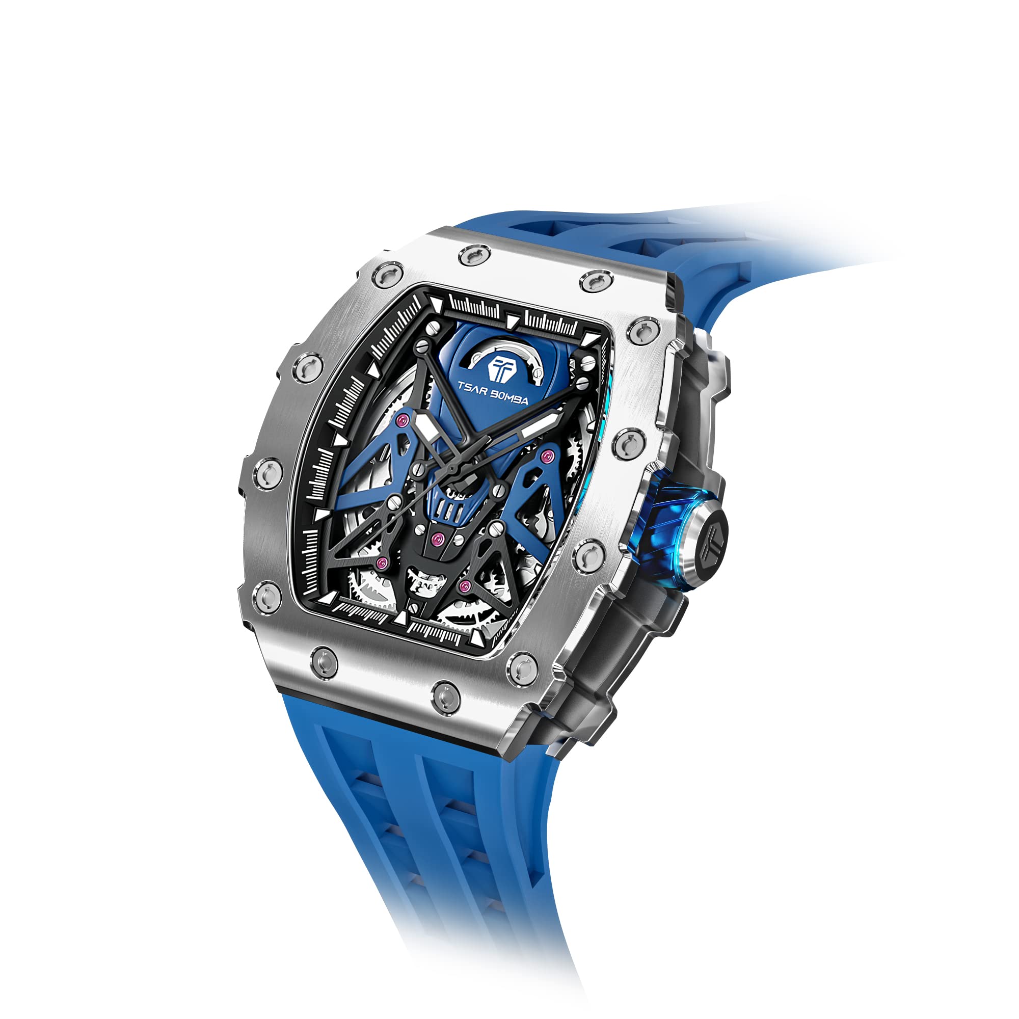 TSAR BOMBA Men's Luxury Automatic Skeleton Watch - Silver Square Big Face with Silicone Strap, 50M Waterproof Analog Watch for Business & Casual Wear - Perfect for Office, Dating & Special Occasions