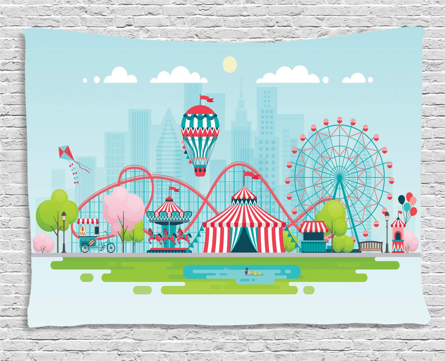 Ambesonne Ferris Wheel Tapestry - Vibrant Urban Carnival Wall Art with Circus Tents, Hot Air Balloons & Roller Coaster | 80x60 Inch Colorful Wall Hanging for Bedroom, Living Room, Dorm Decor | Perfect for Festival-Themed Parties & Boho Home Decor