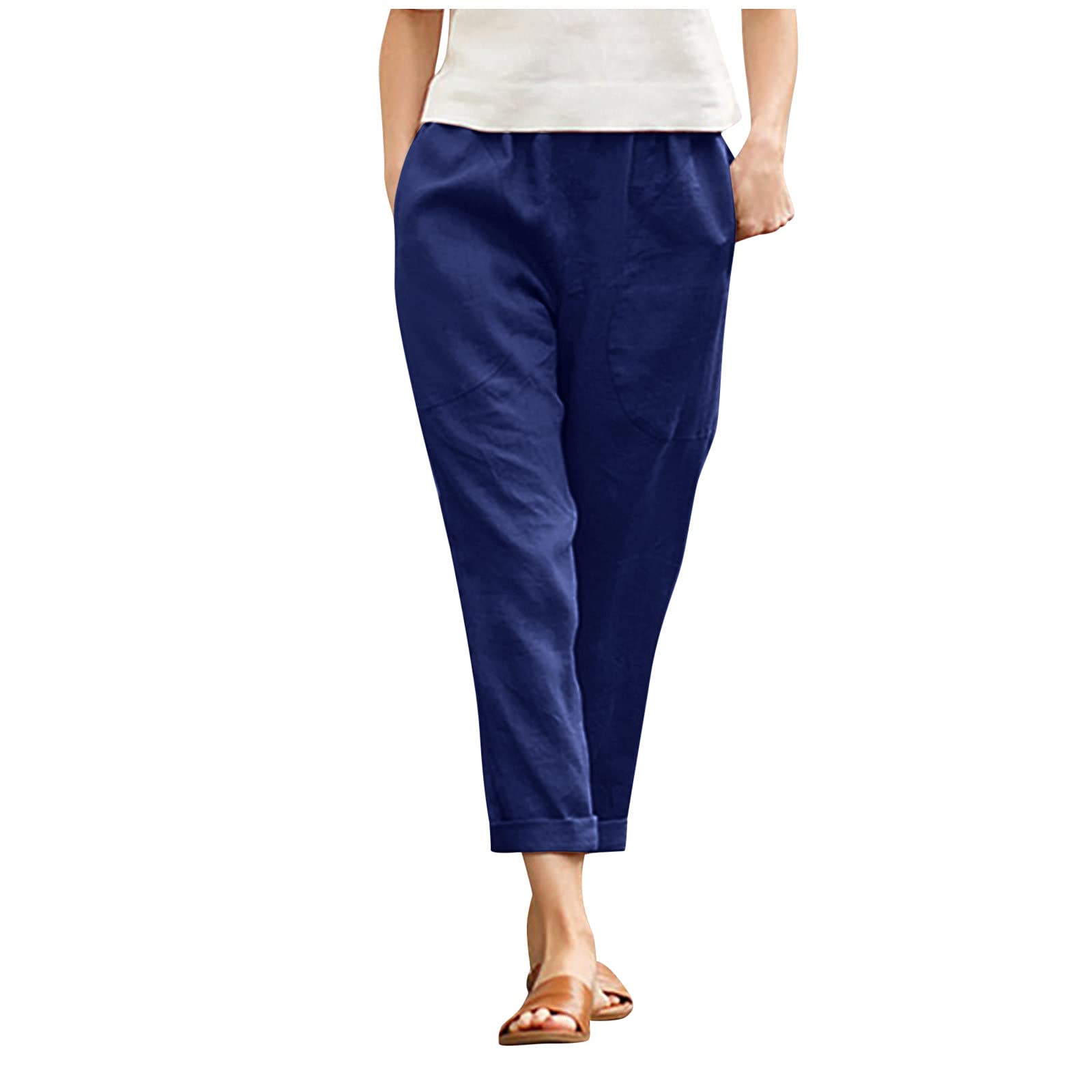 iOPQO Women's Linen Pants - White High-Waisted Stretchy Casual Trousers with Pockets, Plus Size 4-20 | Perfect for Summer Outfits, Office Wear & Travel