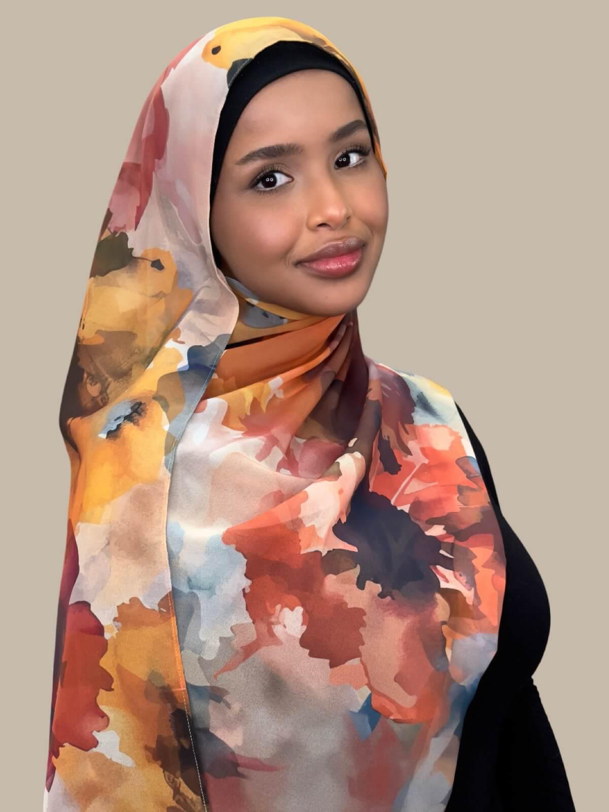 Printed Chiffon Hijab Sienna Petals - Lightweight Muslim Scarf for Women - Perfect for Prayer, Modest Fashion, and Everyday Wear
