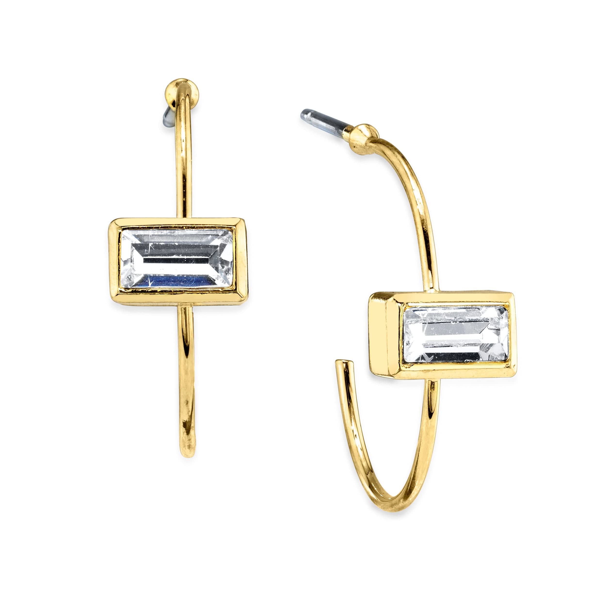 1928 14K Gold Dipped Rectangle Crystal Open Hoop Earrings for Women - Stainless Steel Post Hypoallergenic Earrings (Blue) - Perfect for Parties, Weddings & Everyday Wear