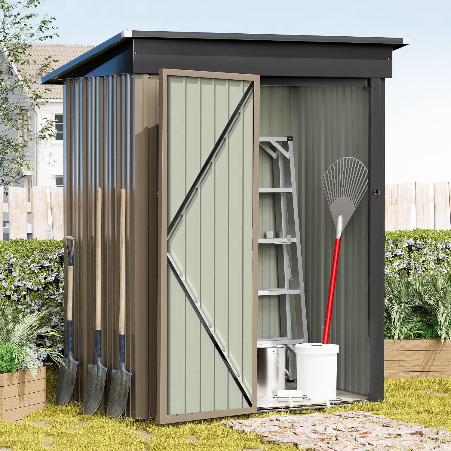 Greesum 5FT x 3FT Metal Outdoor Storage Shed - Heavy Duty Steel Utility Tool Shed with Lockable Door for Backyard, Garden, Patio & Lawn Organization (5' x 3', Brown) - Perfect for Storing Lawn Mowers, Gardening Tools & Outdoor Equipment