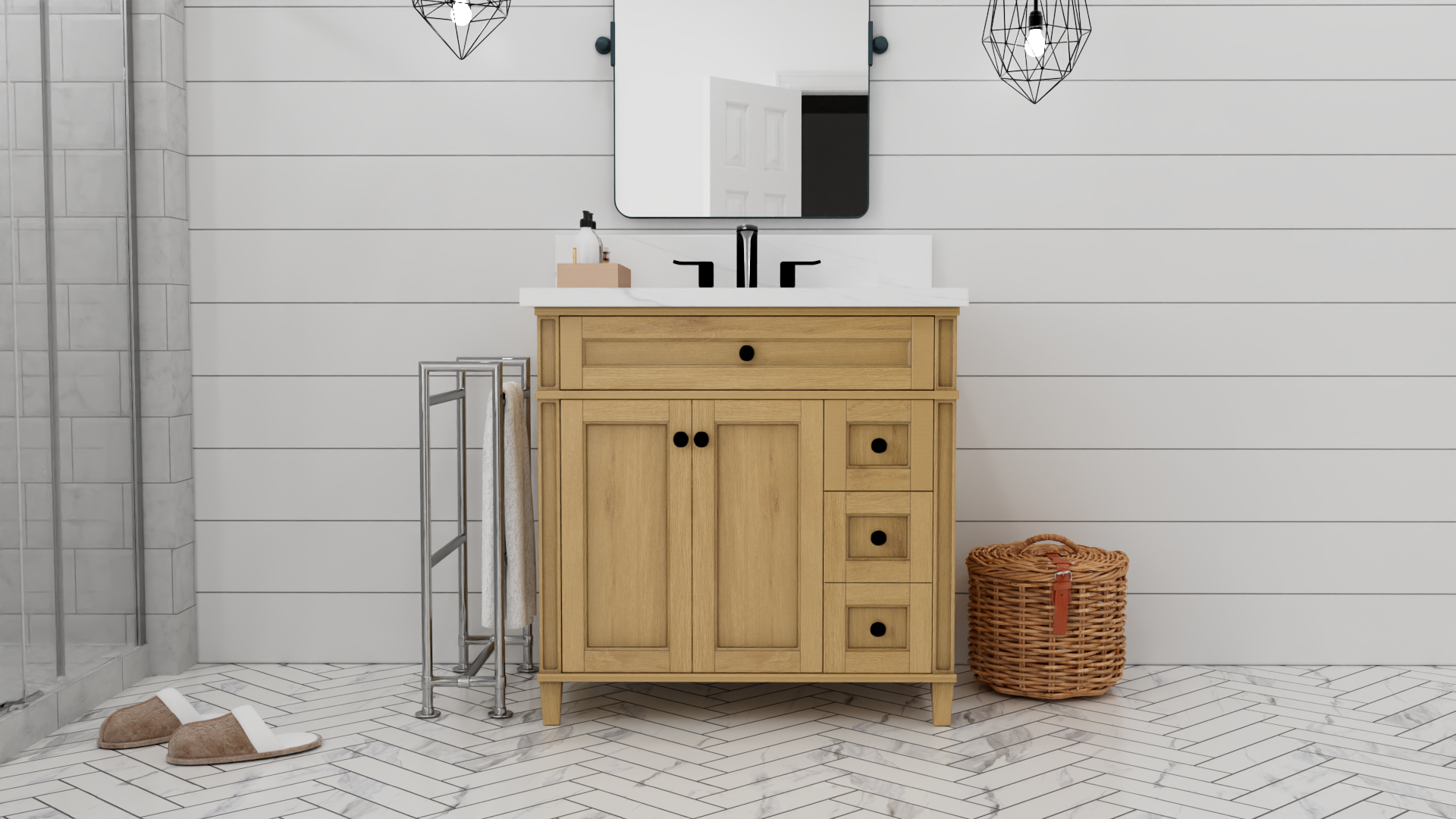 Kensington 35.5 Inch Right Drawer All-Wood Vanity Cabinet in Desert Oak - Perfect for Bathroom Storage & Organization
