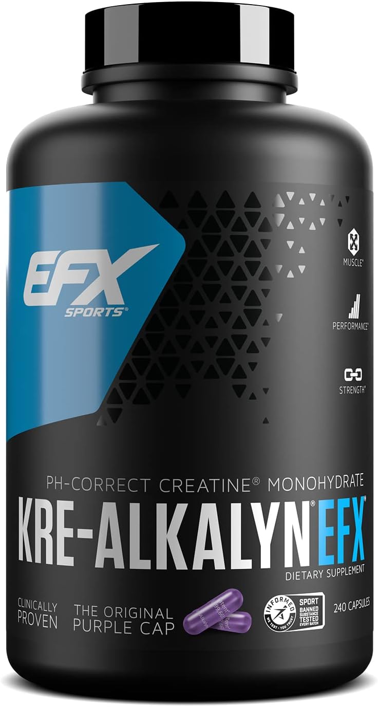 EFX Sports Kre Alkalyn 240 Capsules - Premium Creatine Supplement for Muscle Growth & Strength | Ideal for Athletes, Bodybuilders & Fitness Enthusiasts