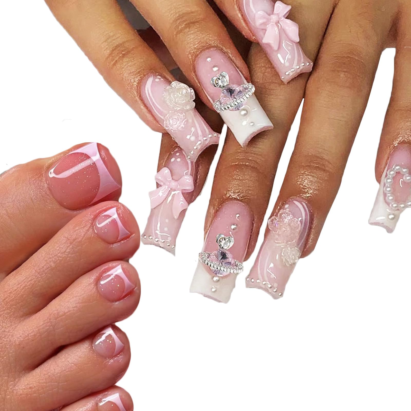 48Pcs French Tip Press on Nails with 3D Flower & Bow Design - Glossy Acrylic Long Coffin Fake Nails with Pearls - Full Cover Stick on Nails for Women & Girls - Perfect for Parties, Weddings, and Special Occasions