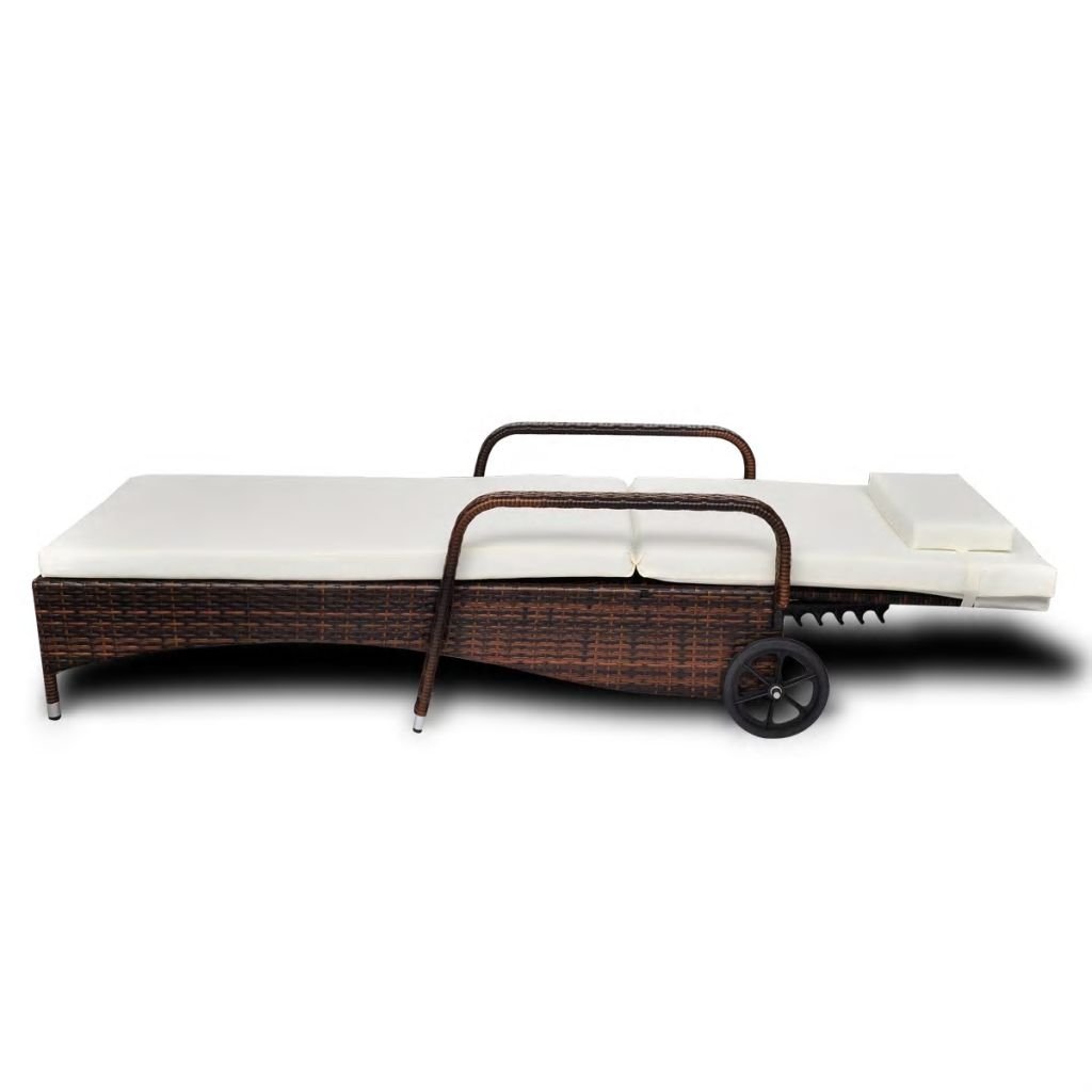 Festnight Adjustable Patio Sun Lounger with Wheels - Portable Brown Poly Rattan Chaise Lounge Chair with Cushioned Backrest - Perfect for Outdoor Garden, Backyard, Poolside & Balcony Relaxation
