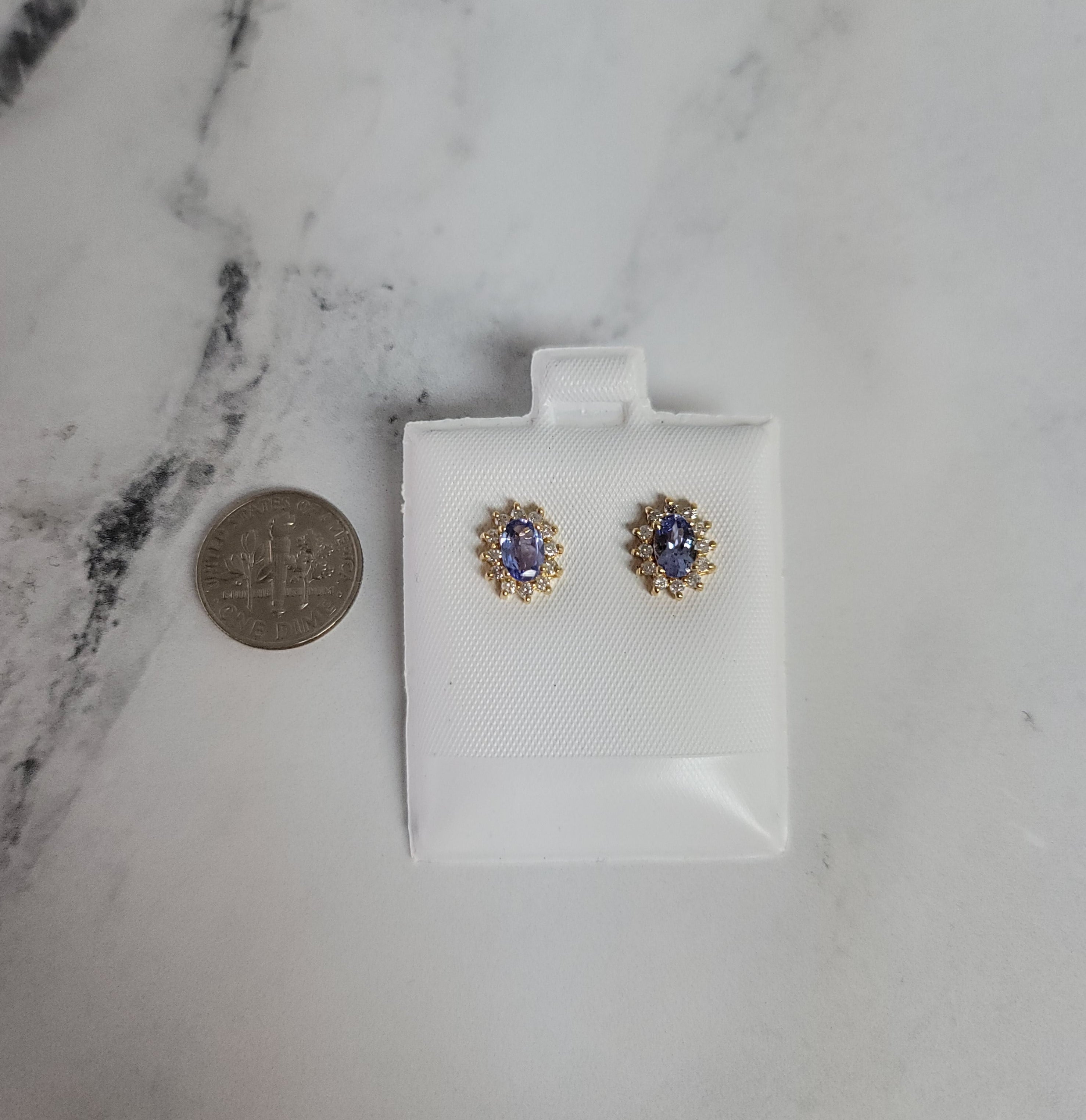 14K Yellow Gold Tanzanite Diamond Halo Stud Earrings for Women - Elegant Jewelry Gift for Birthday, Anniversary & Special Occasions