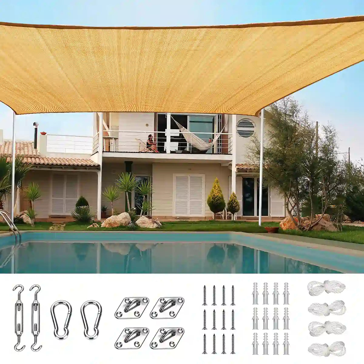 20' x 20' Square Shade Sail - UV Protection Outdoor Canopy for Patio, Garden, Pool & Backyard - Waterproof Sun Shade for Deck, Playground & Commercial Use